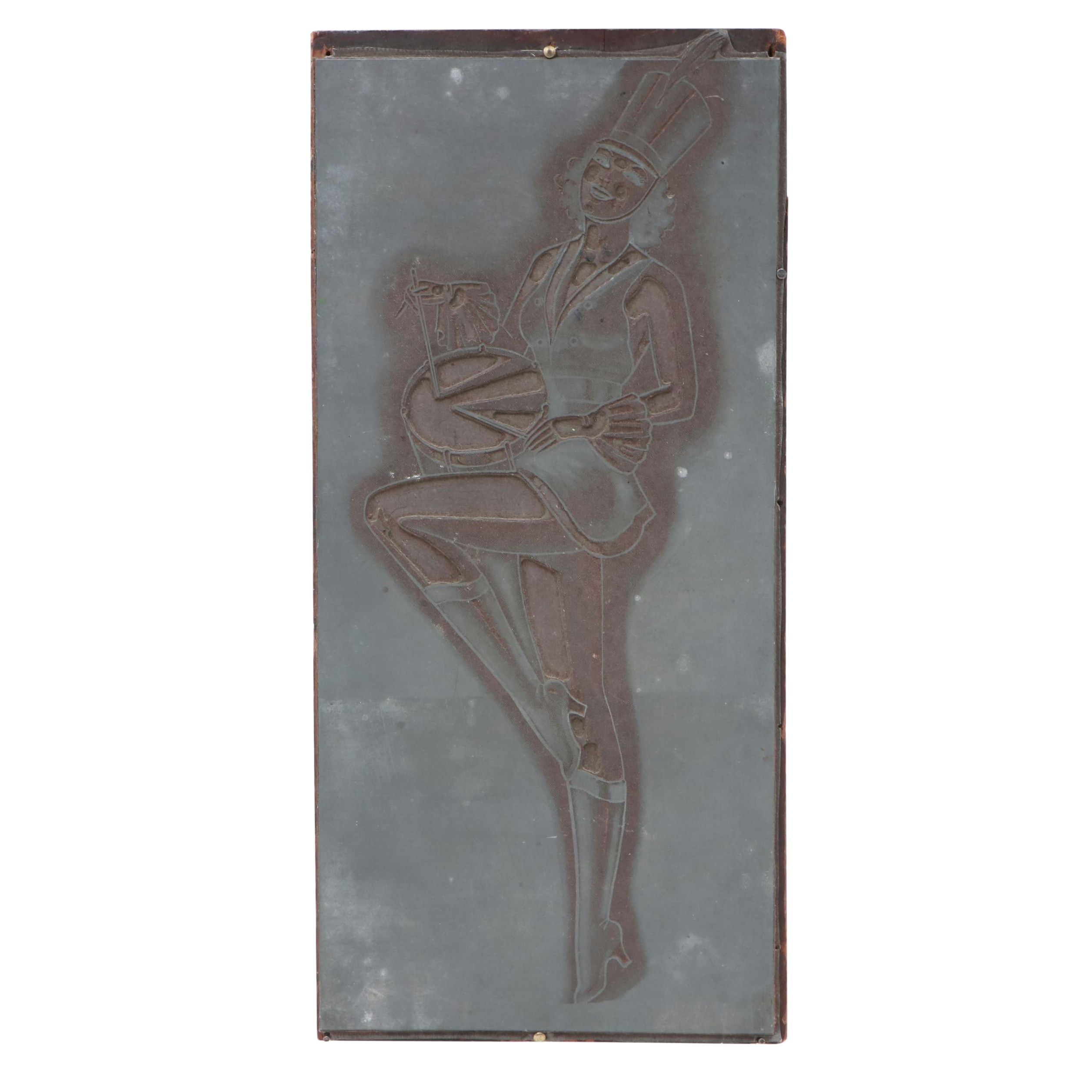 Newspaper Printing Block of Marching Band Drummer Girl, Mid-20th Century