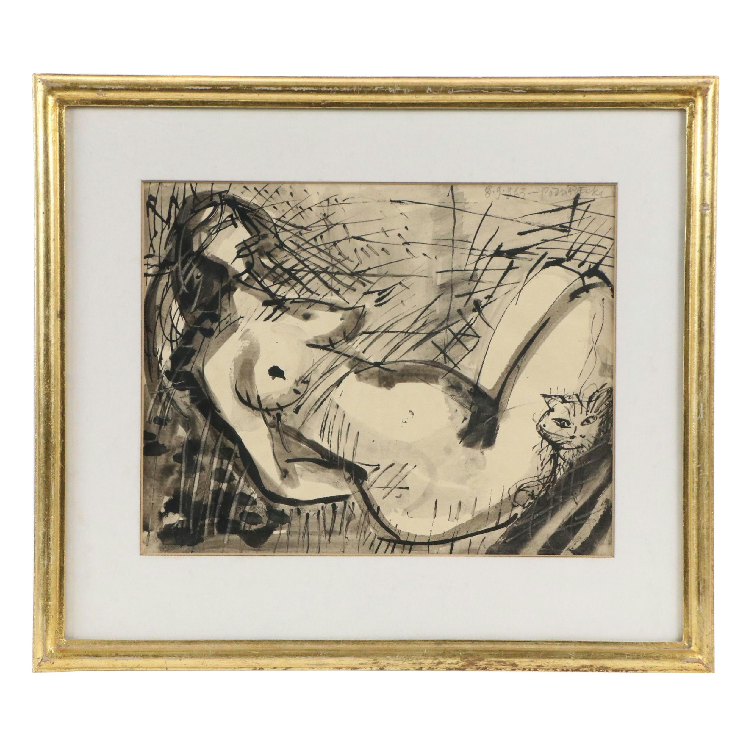 Expressionistic Style Ink Painting of Figure and Cat, Mid-20th Century