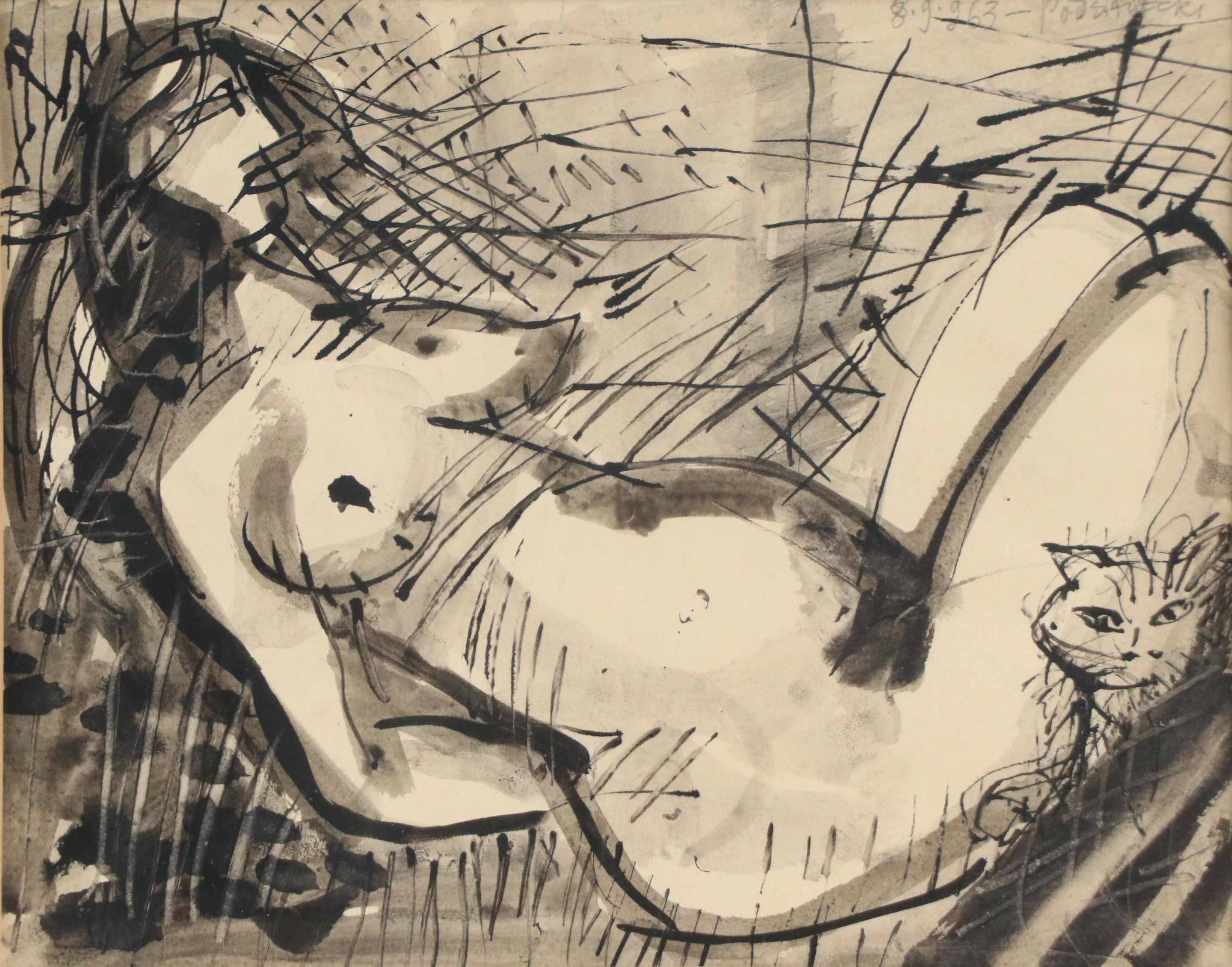 Expressionistic Style Ink Painting of Figure and Cat, Mid-20th Century