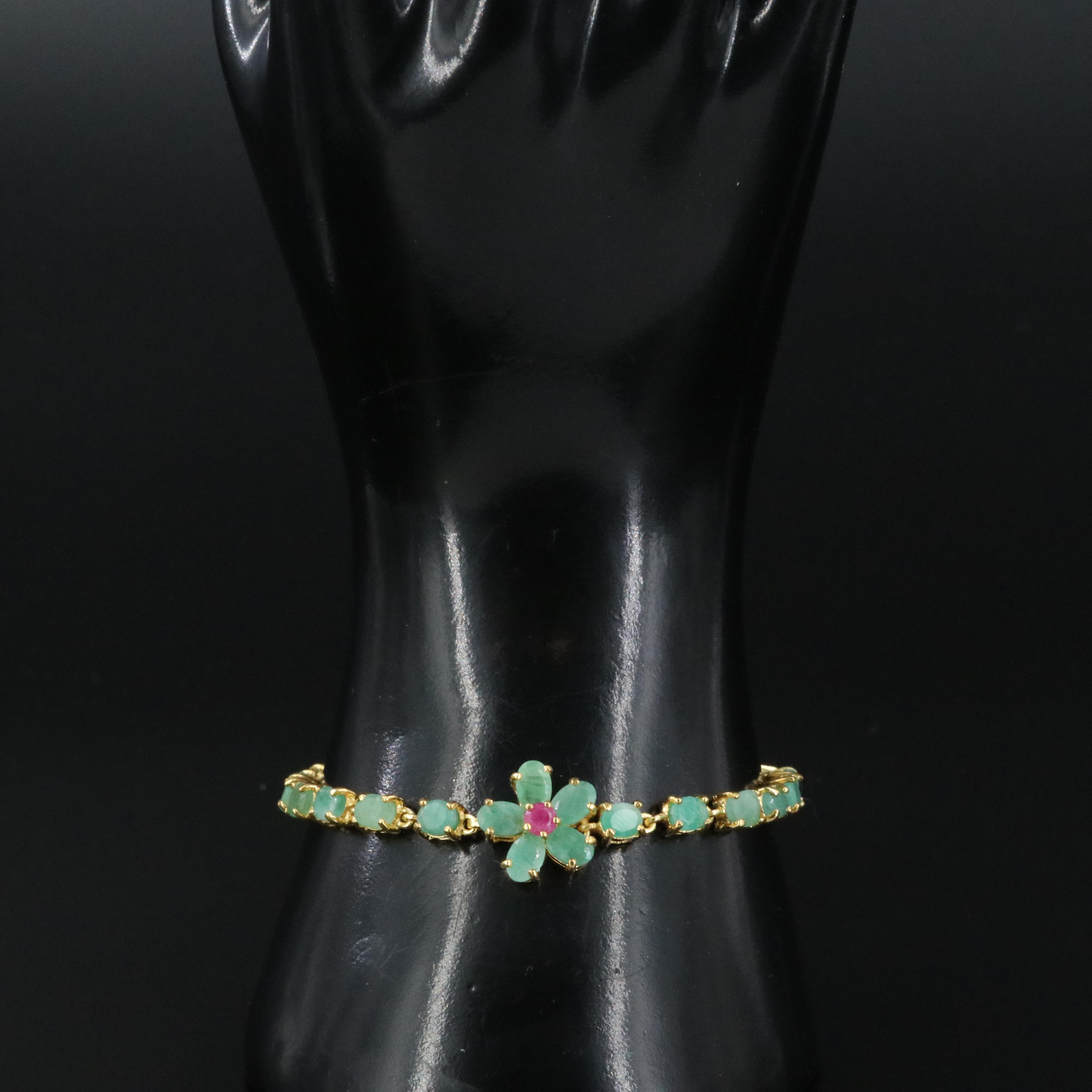 Sterling Emerald and Filled Ruby Floral Bracelet