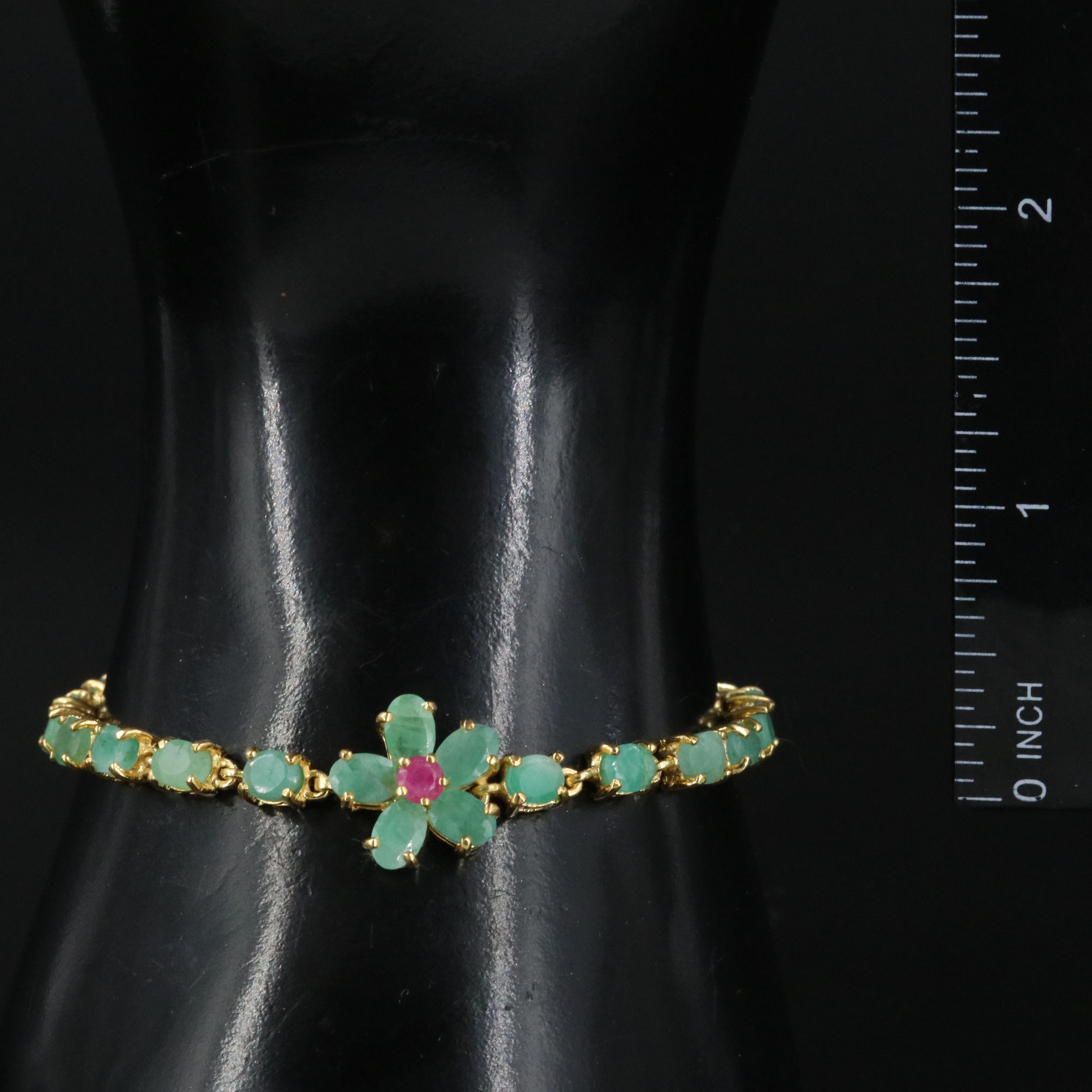 Sterling Emerald and Filled Ruby Floral Bracelet
