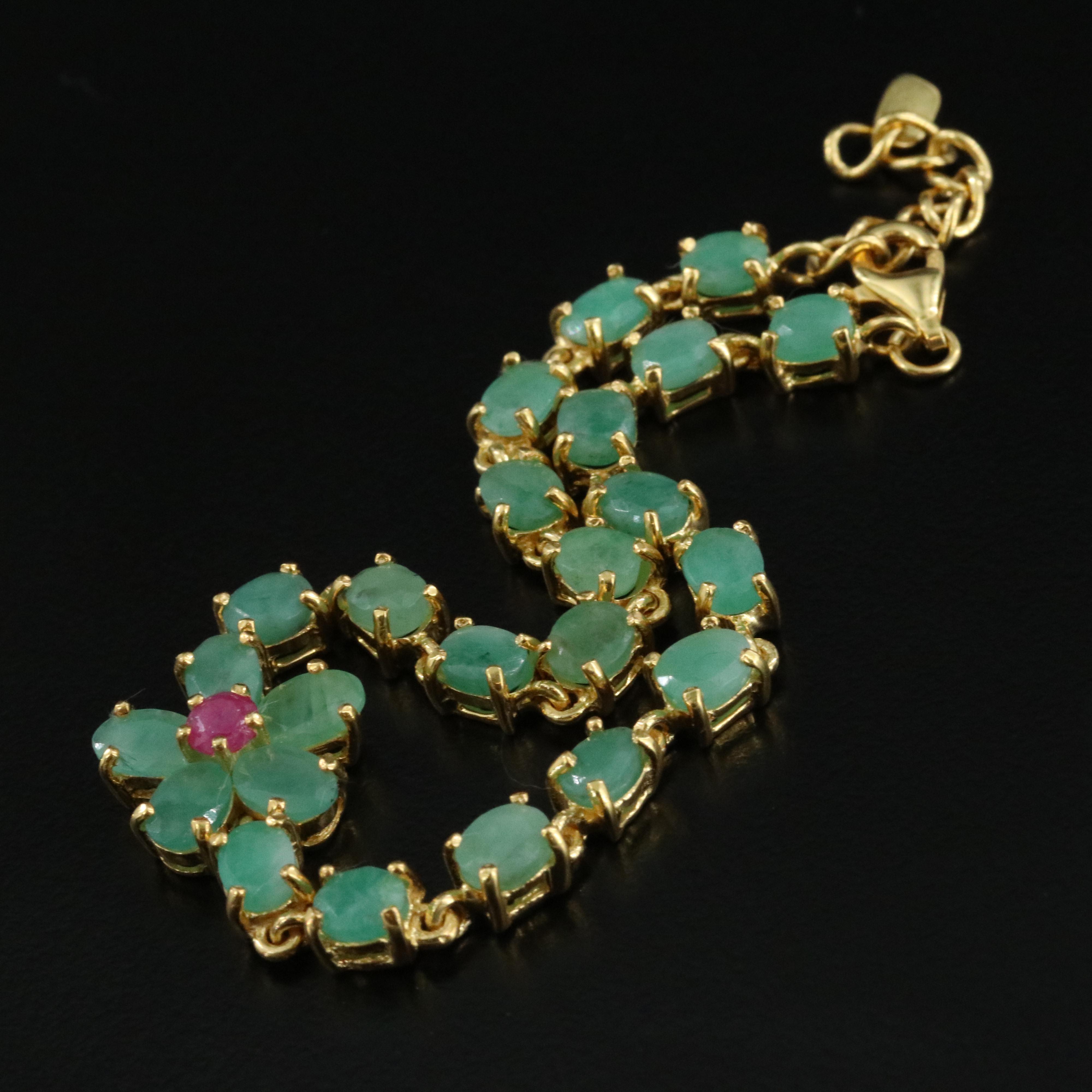 Sterling Emerald and Filled Ruby Floral Bracelet