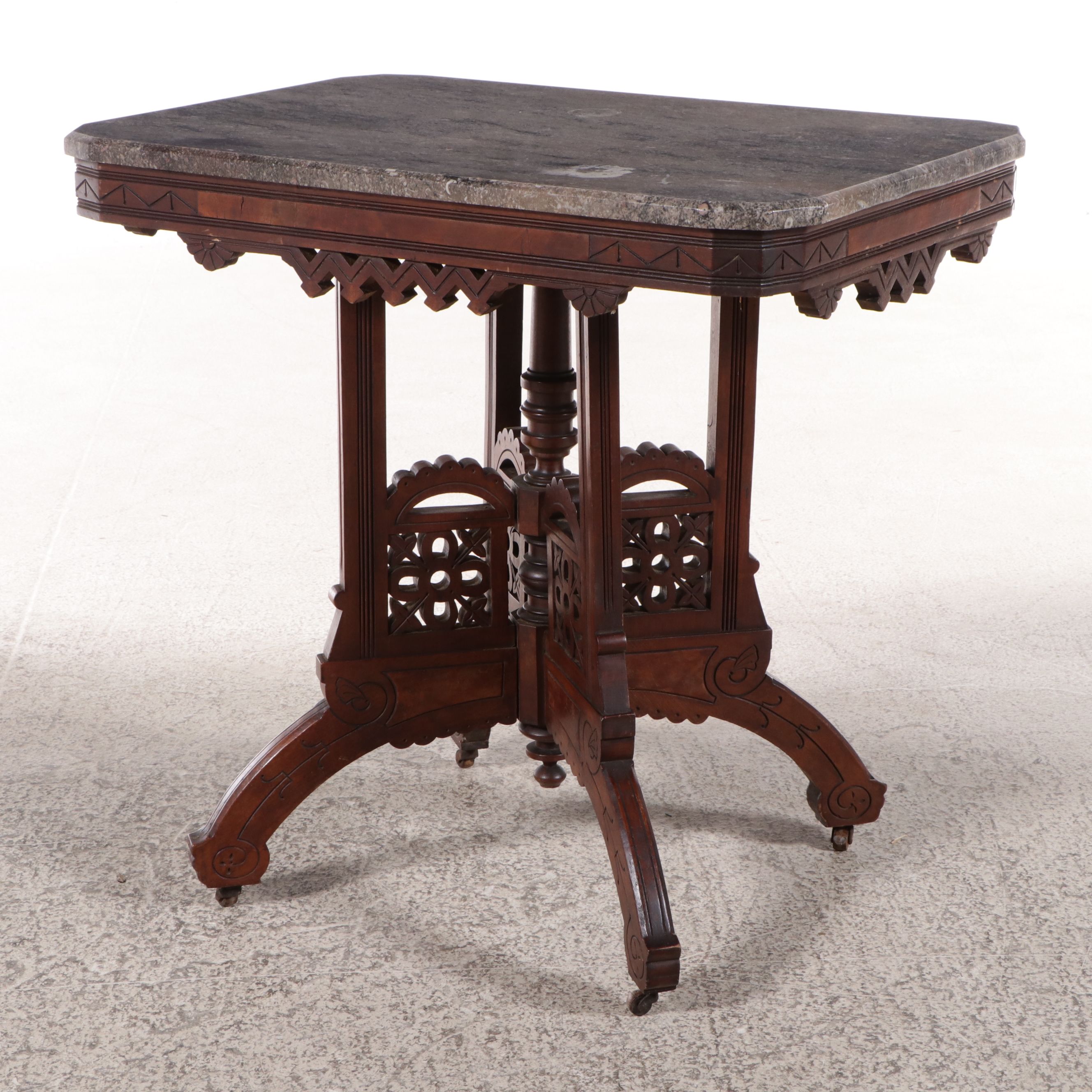 Eastlake Carved Walnut Center Table with Stone Top