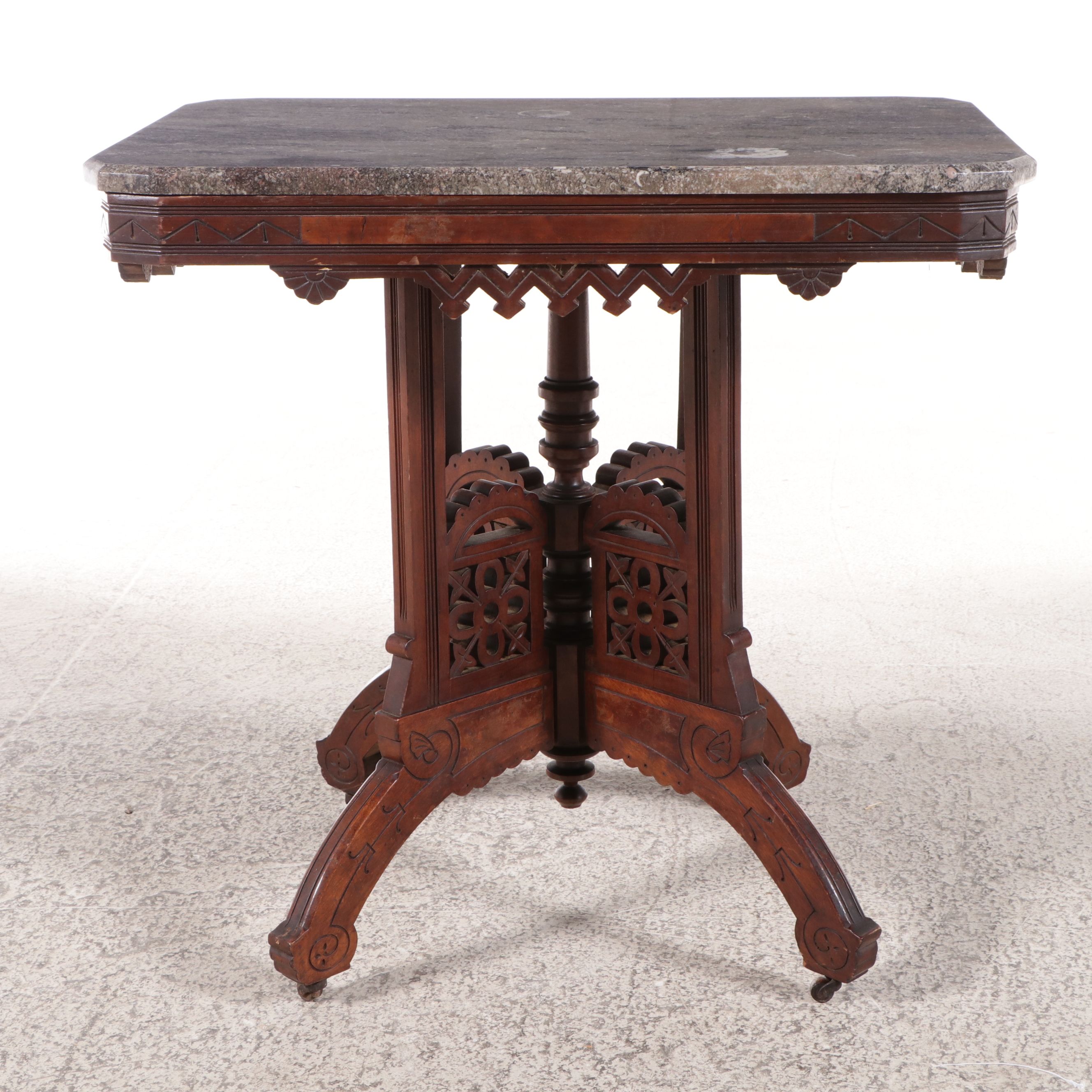 Eastlake Carved Walnut Center Table with Stone Top