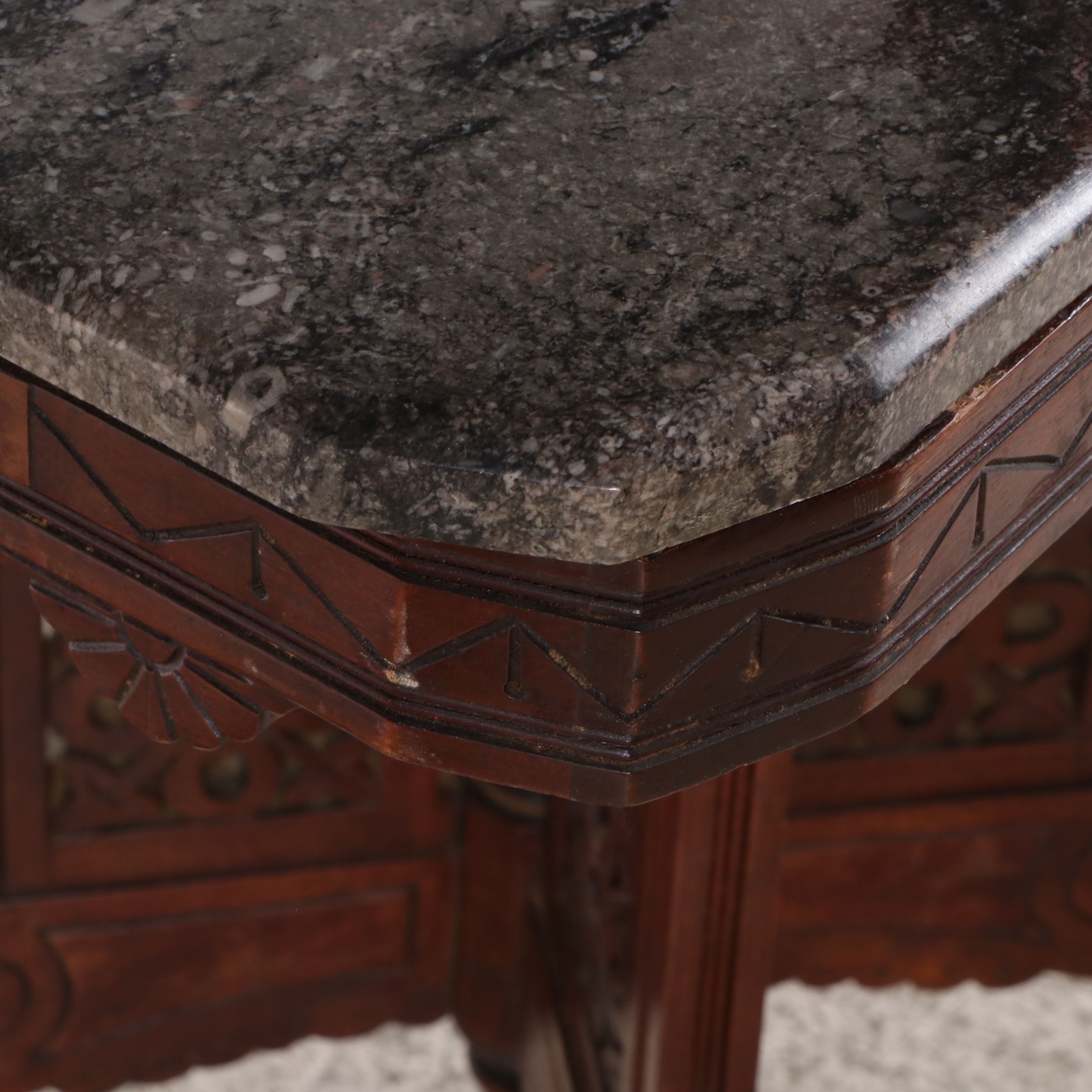 Eastlake Carved Walnut Center Table with Stone Top