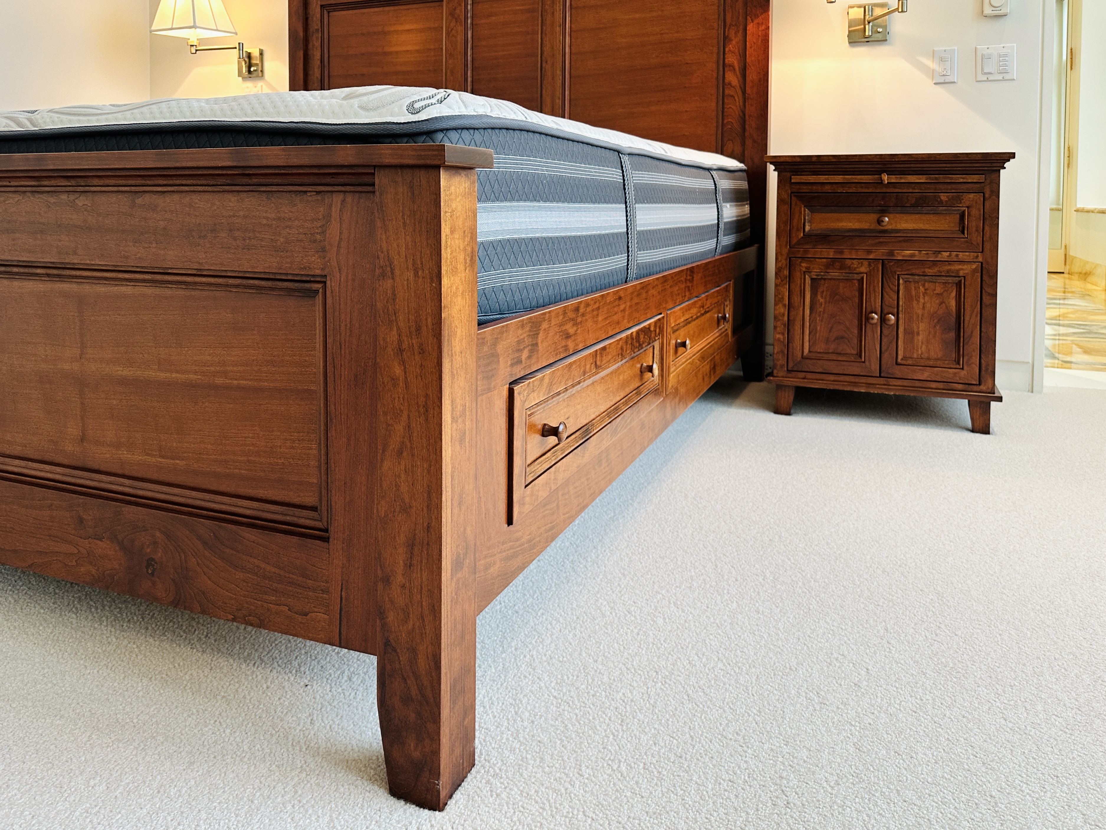 Shaker Style Cherry Finish Bed Frame with Coordinating Nightstands