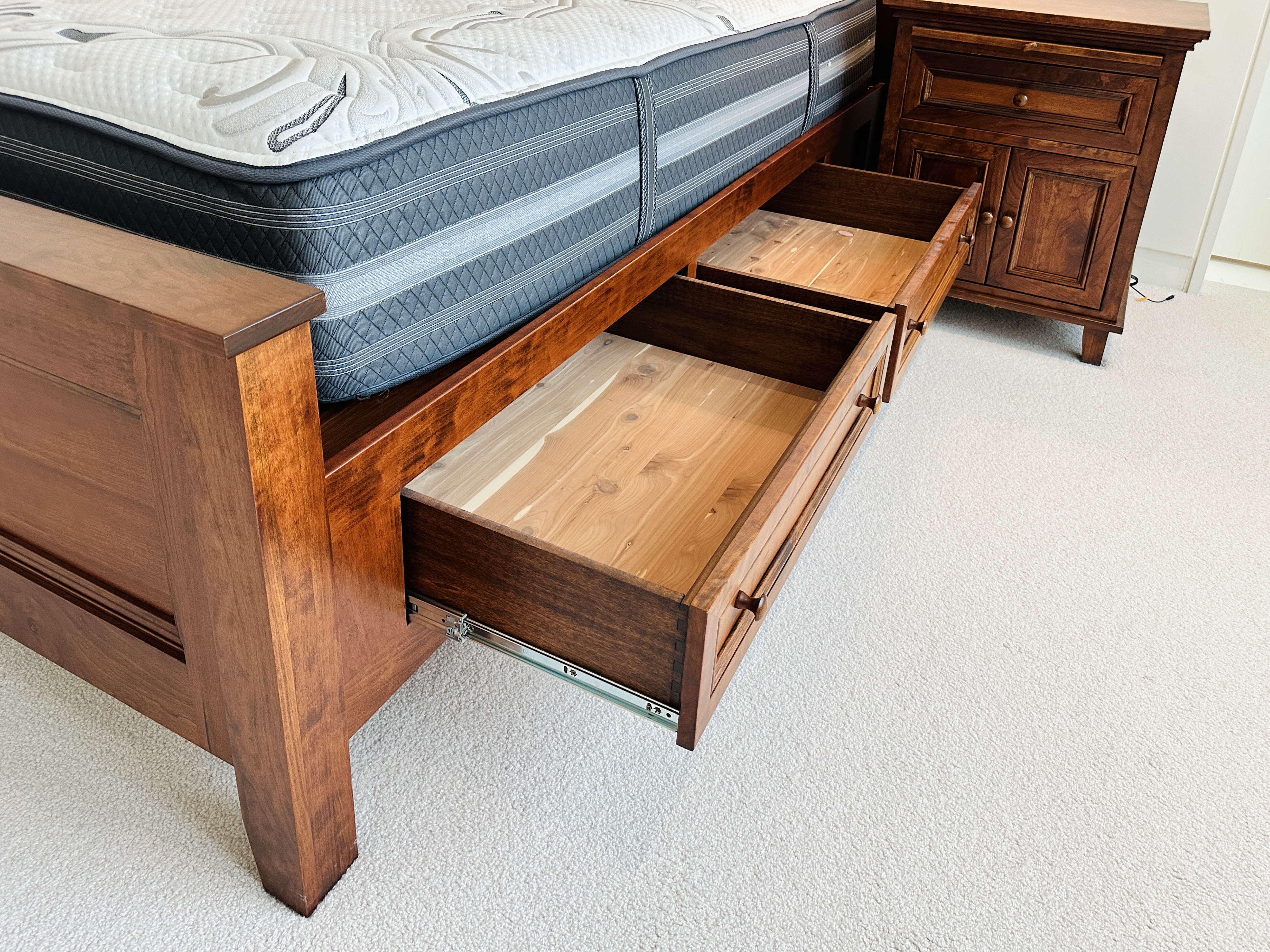 Shaker Style Cherry Finish Bed Frame with Coordinating Nightstands