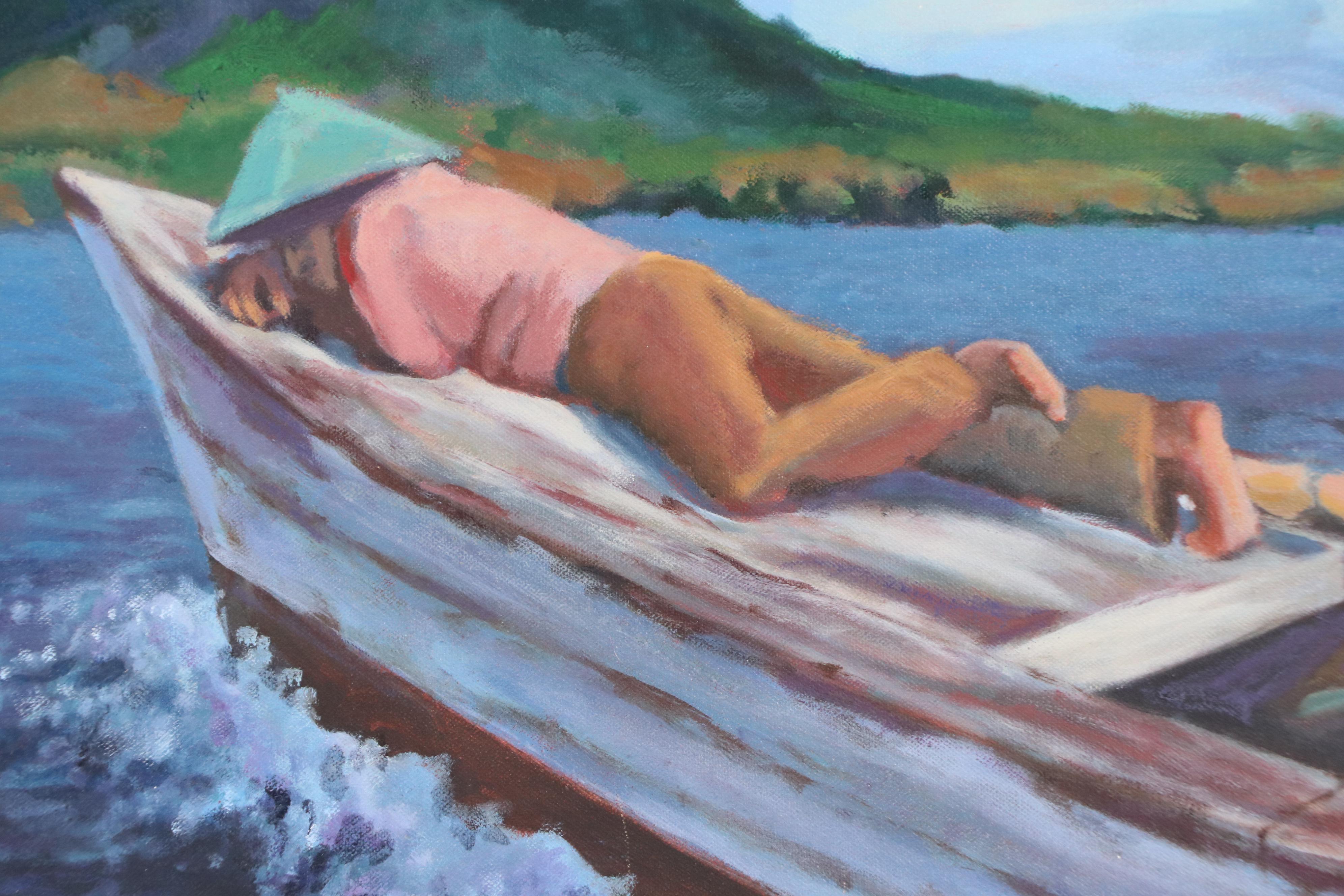 Victoria Jensen Acrylic Painting of Man Resting on Boat, 21st Century