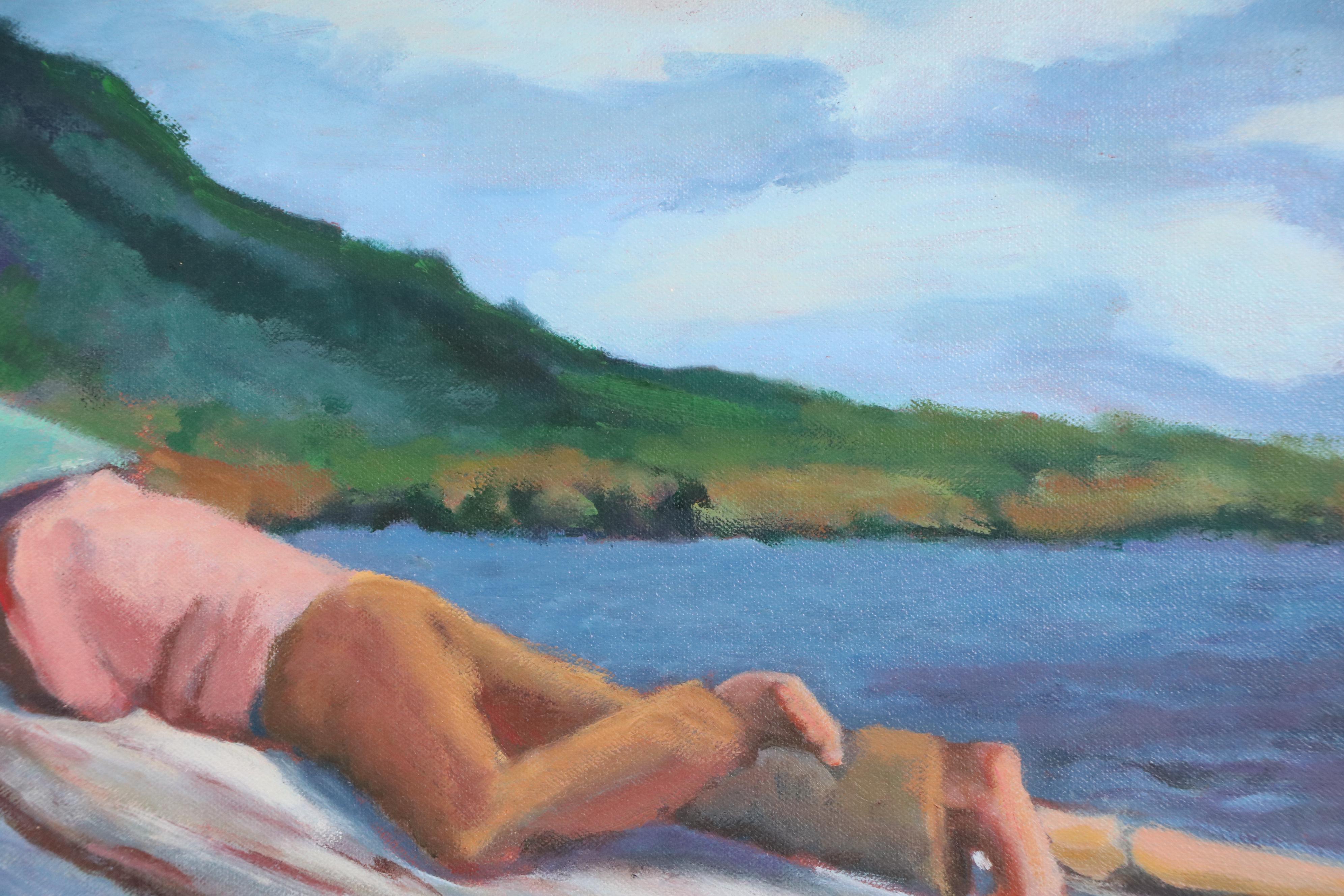 Victoria Jensen Acrylic Painting of Man Resting on Boat, 21st Century
