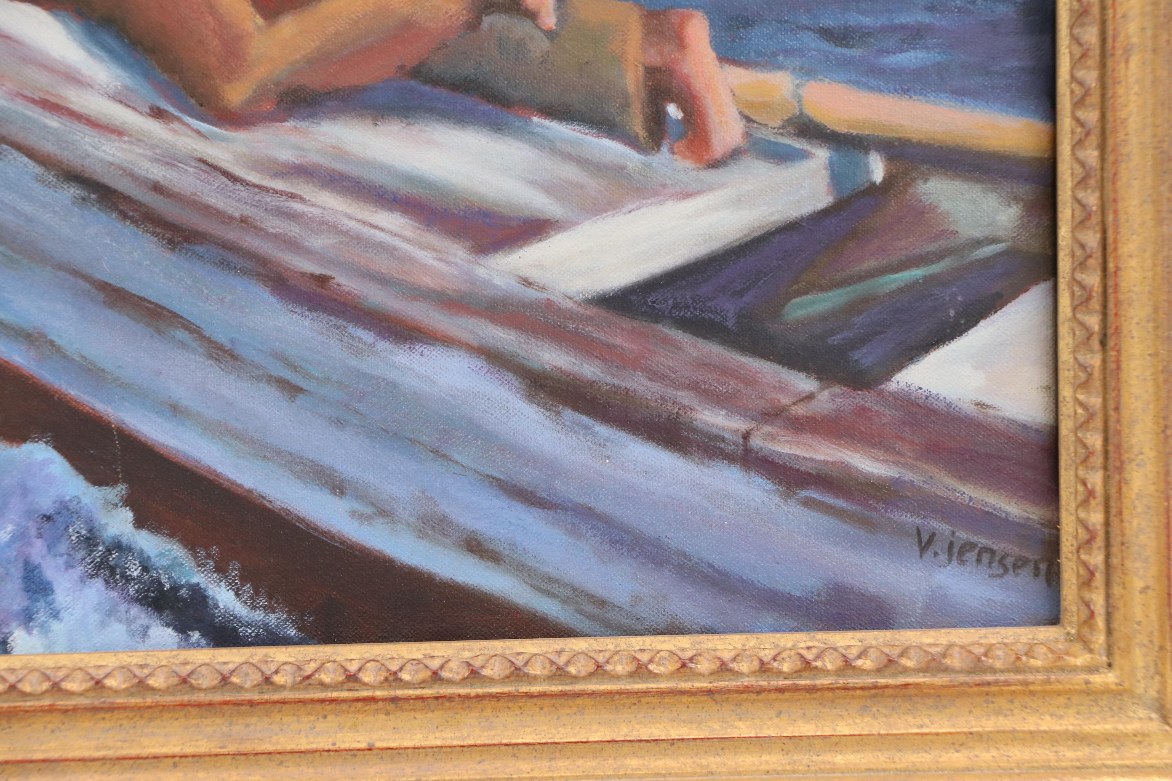 Victoria Jensen Acrylic Painting of Man Resting on Boat, 21st Century