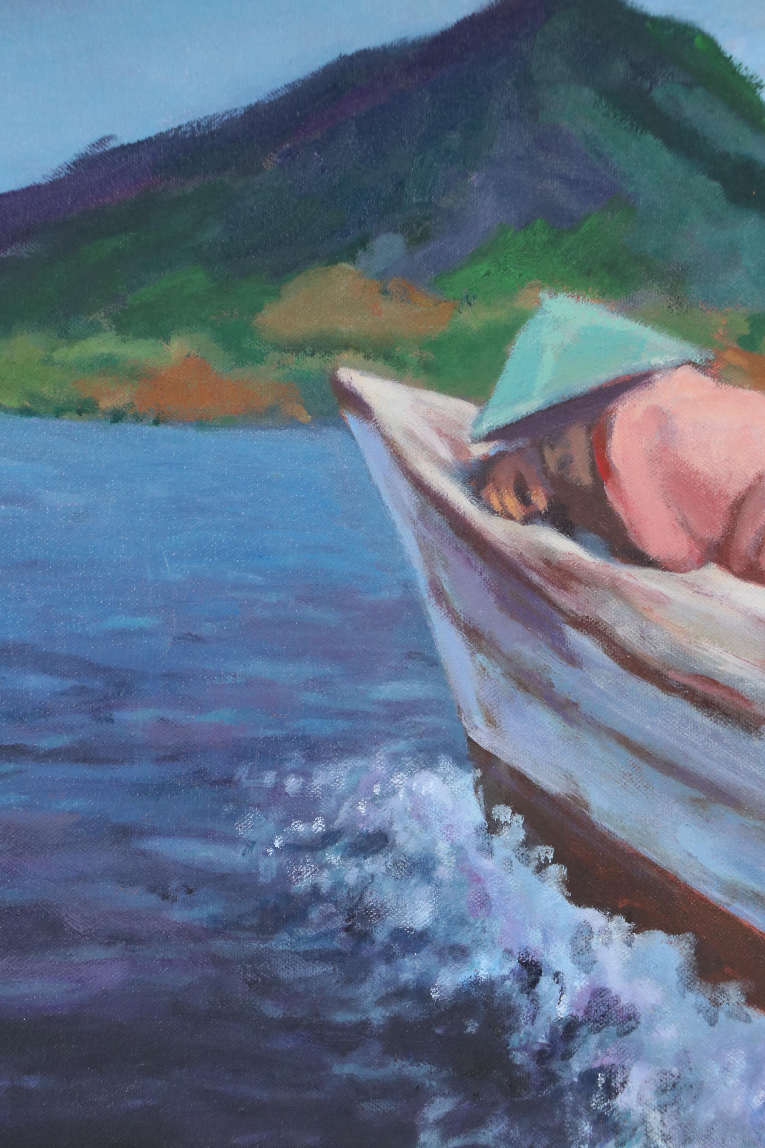Victoria Jensen Acrylic Painting of Man Resting on Boat, 21st Century