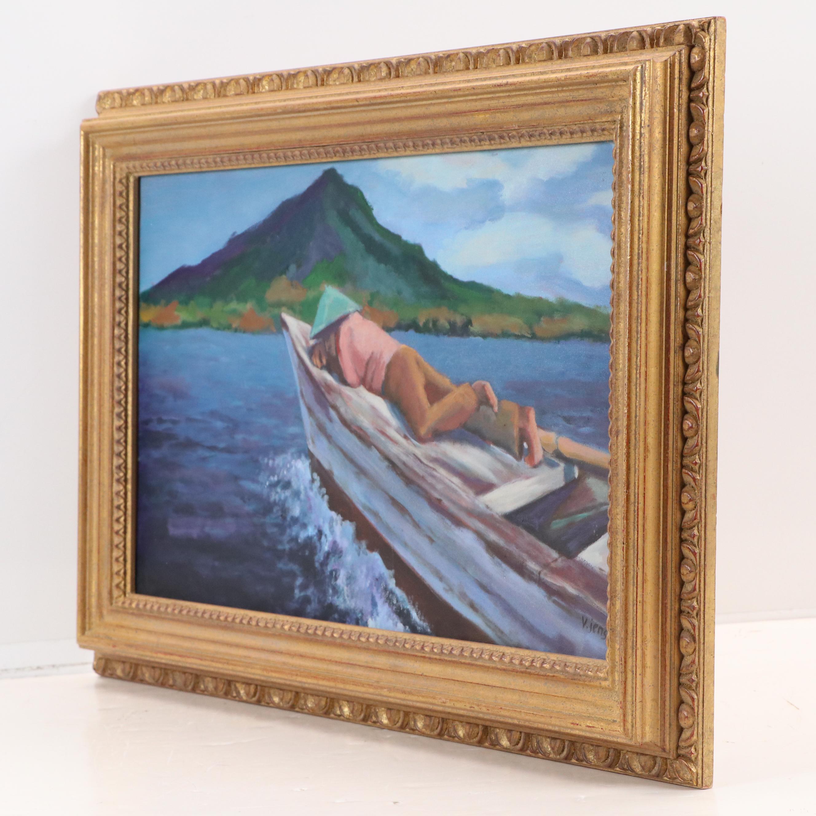 Victoria Jensen Acrylic Painting of Man Resting on Boat, 21st Century