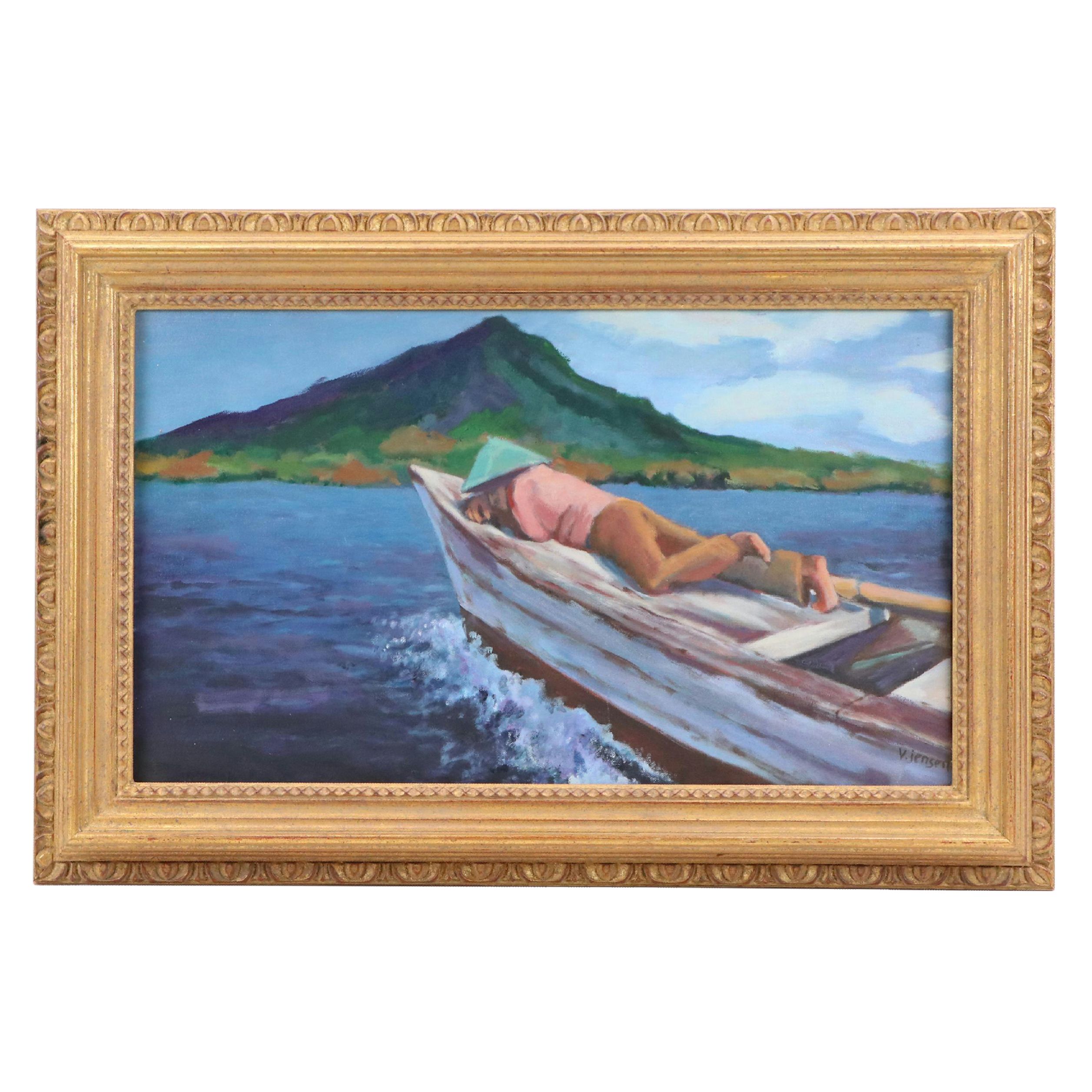 Victoria Jensen Acrylic Painting of Man Resting on Boat, 21st Century