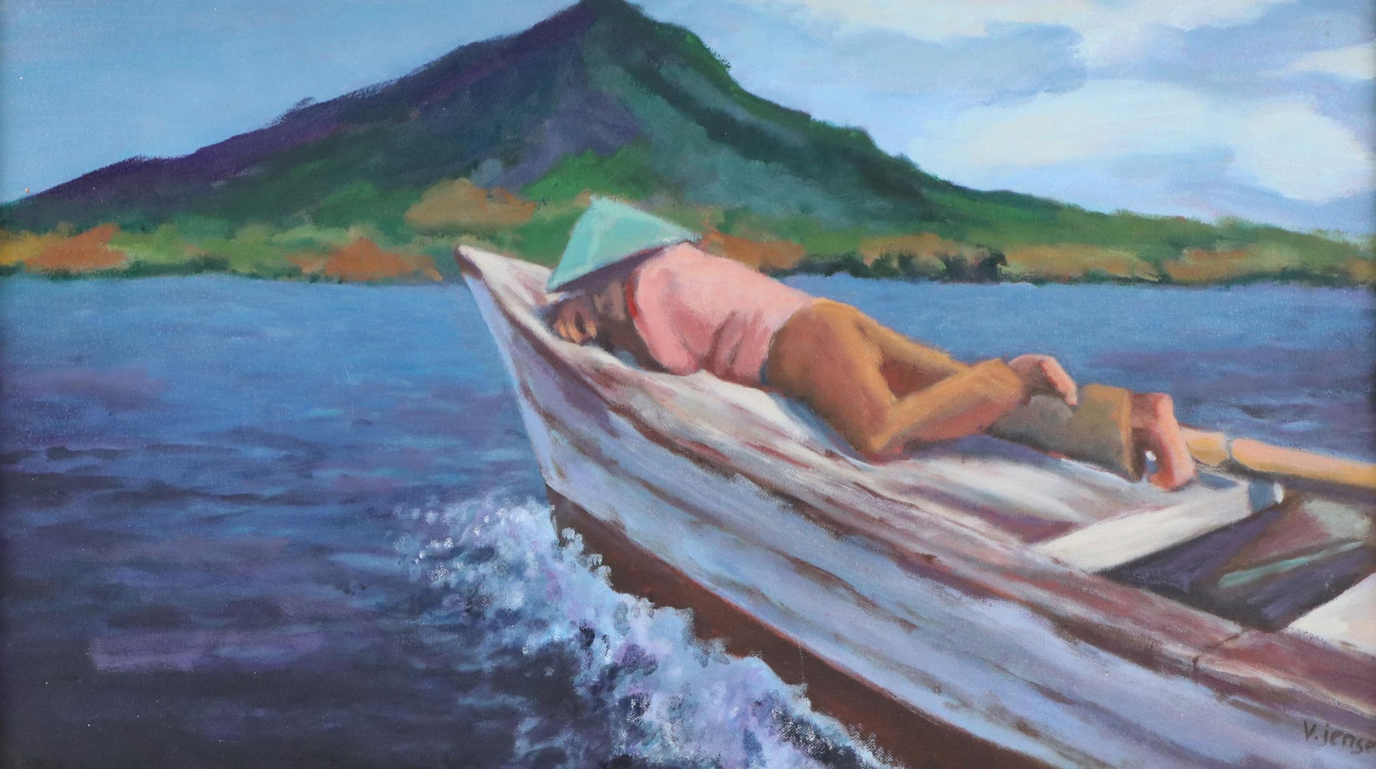 Victoria Jensen Acrylic Painting of Man Resting on Boat, 21st Century