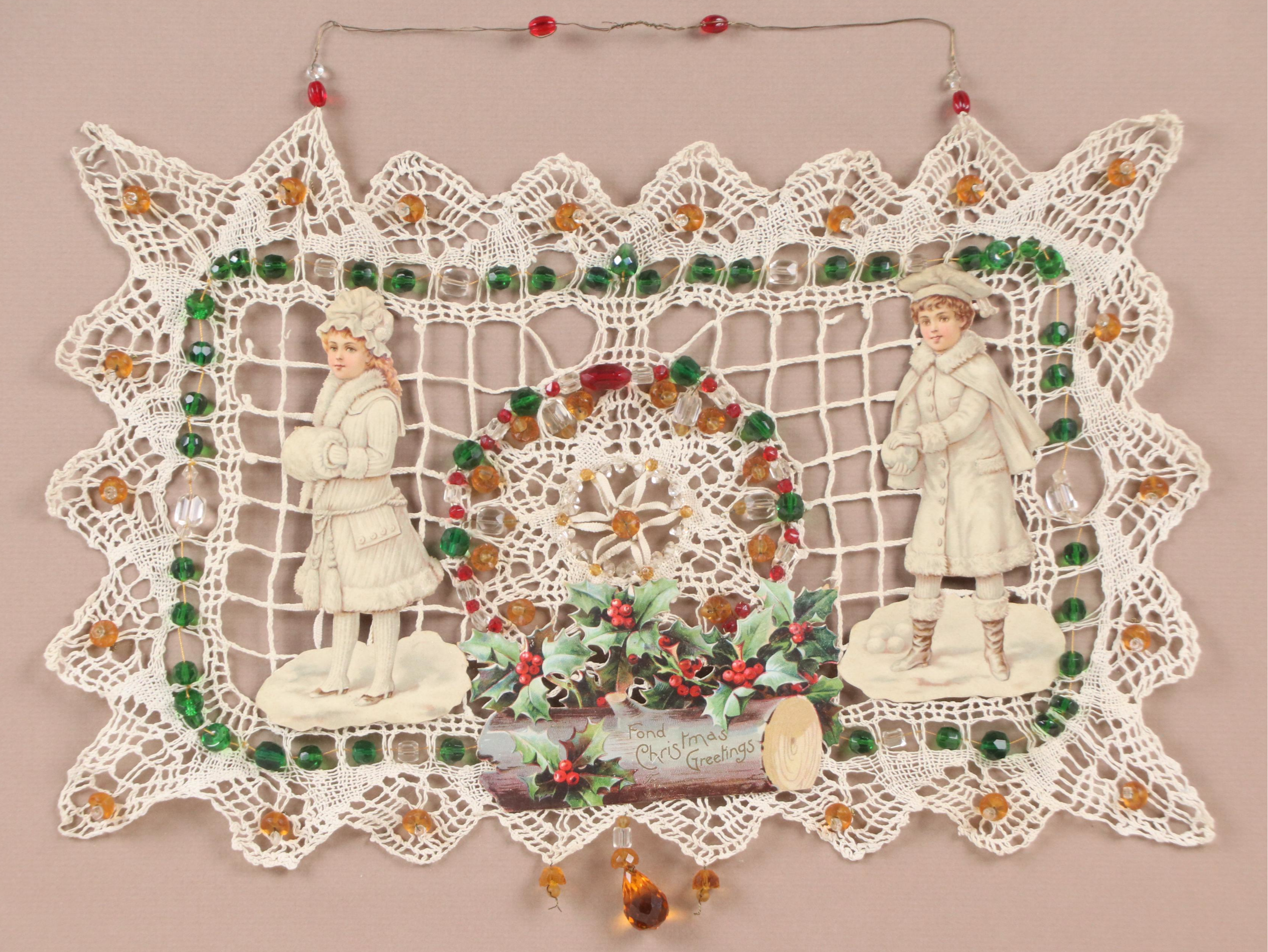 Christmas Collage with Knit Panel and Beads, Early 20th Century