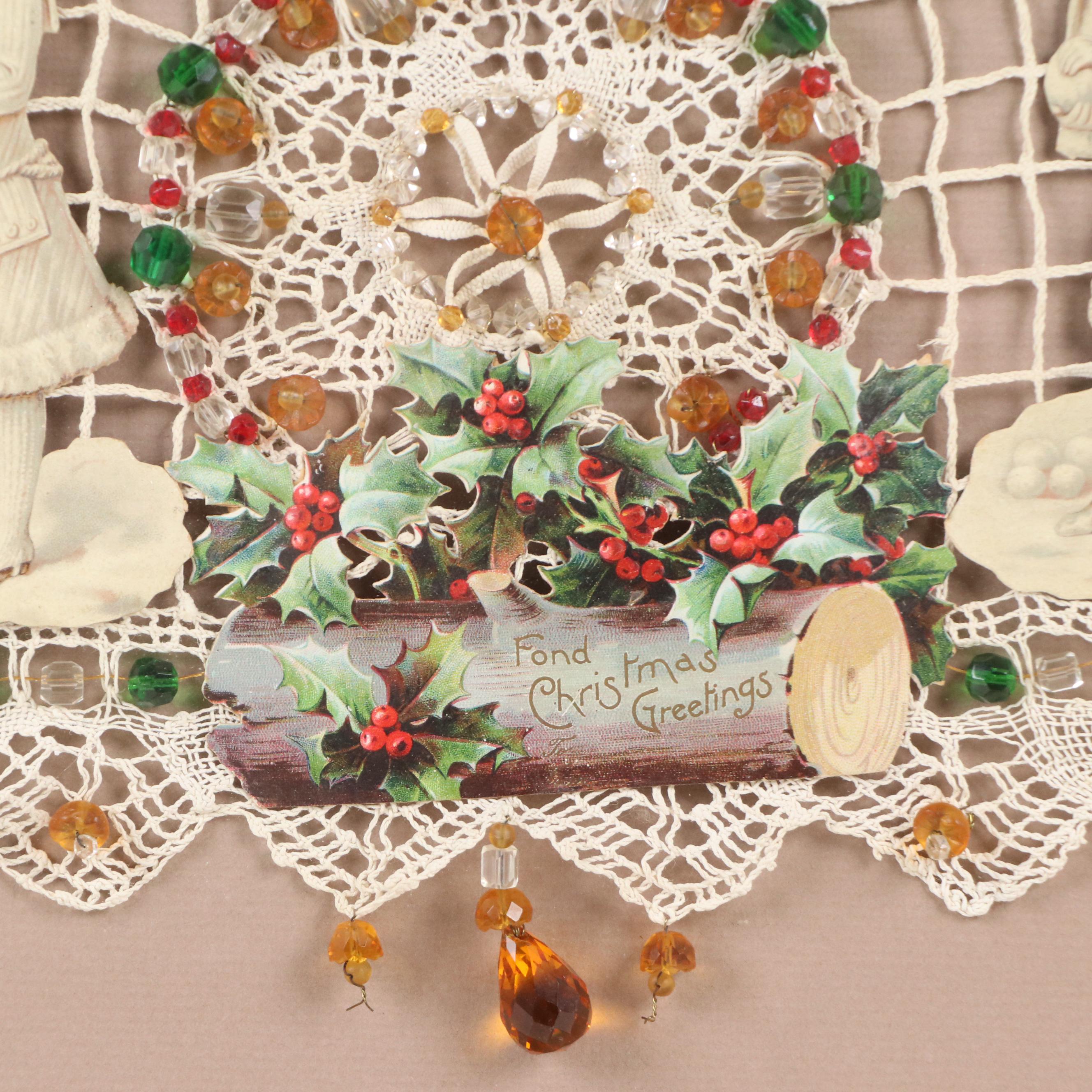 Christmas Collage with Knit Panel and Beads, Early 20th Century