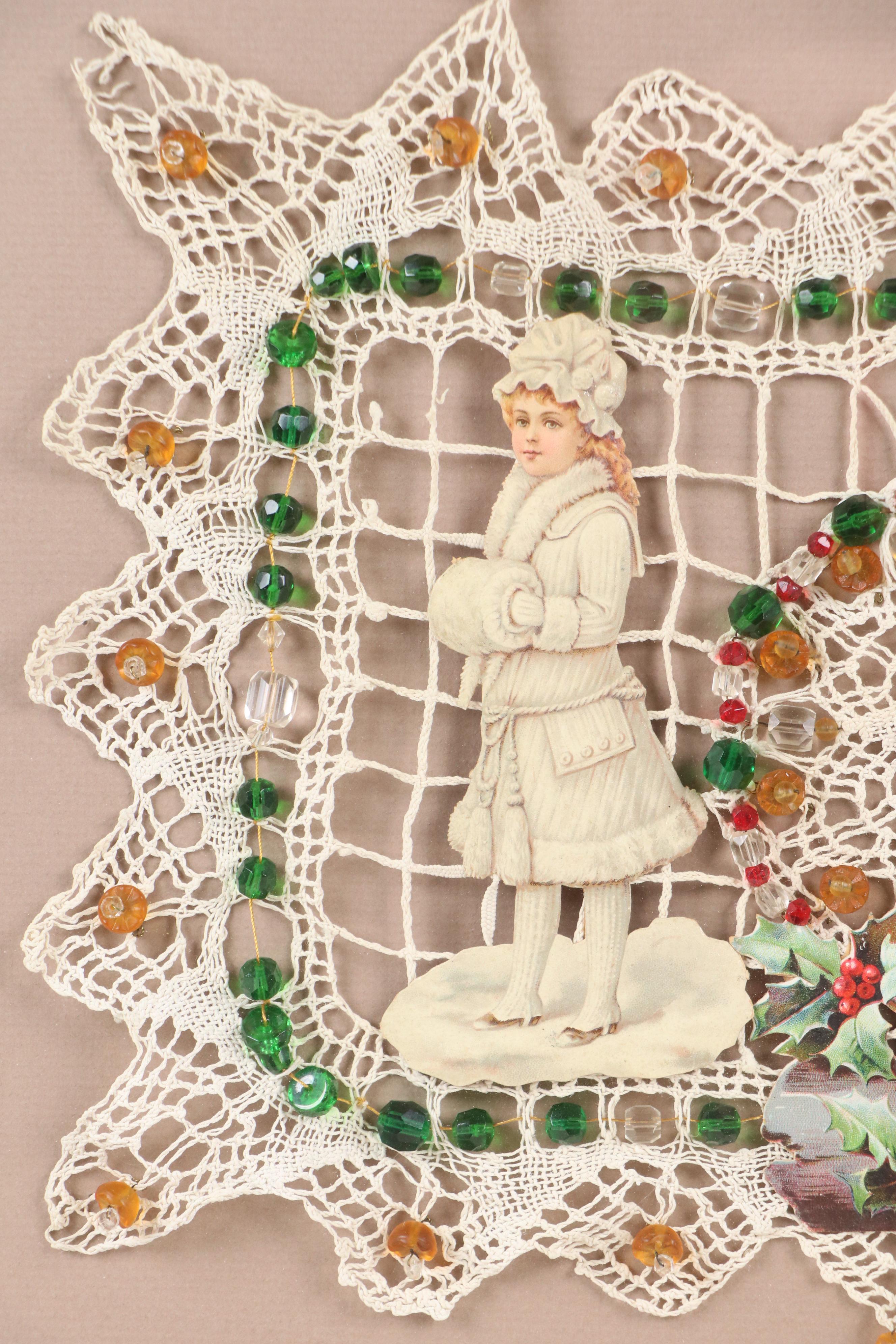 Christmas Collage with Knit Panel and Beads, Early 20th Century