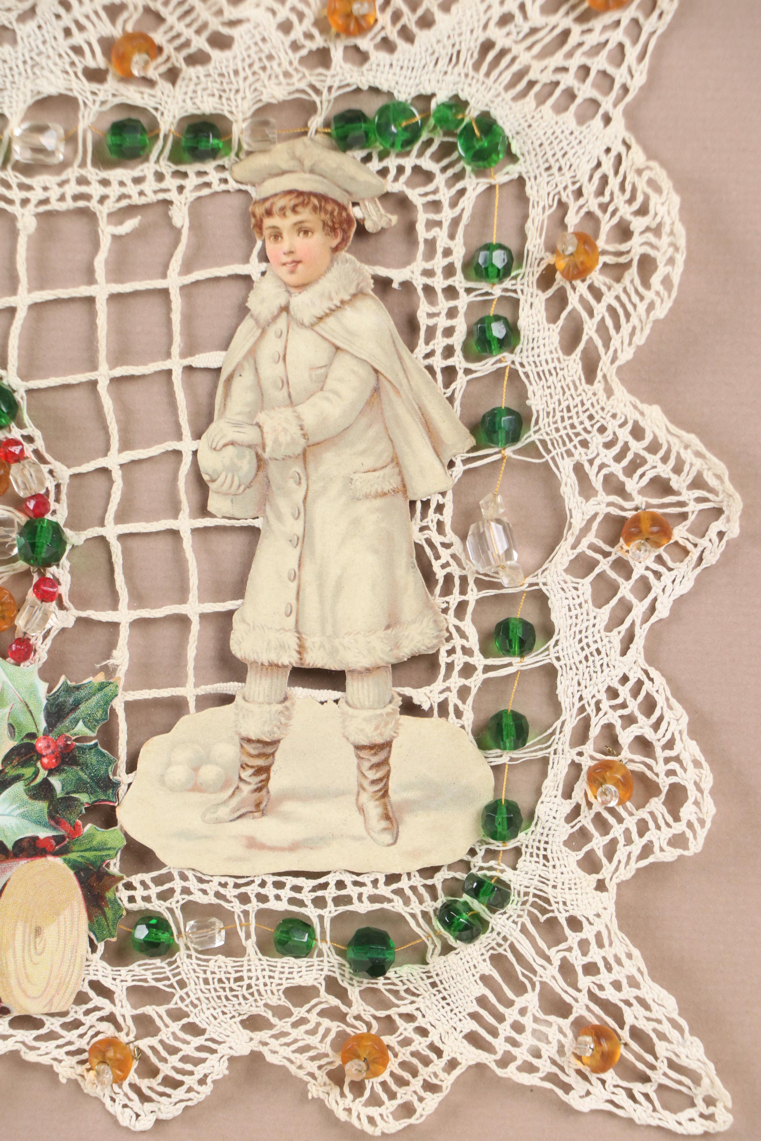 Christmas Collage with Knit Panel and Beads, Early 20th Century