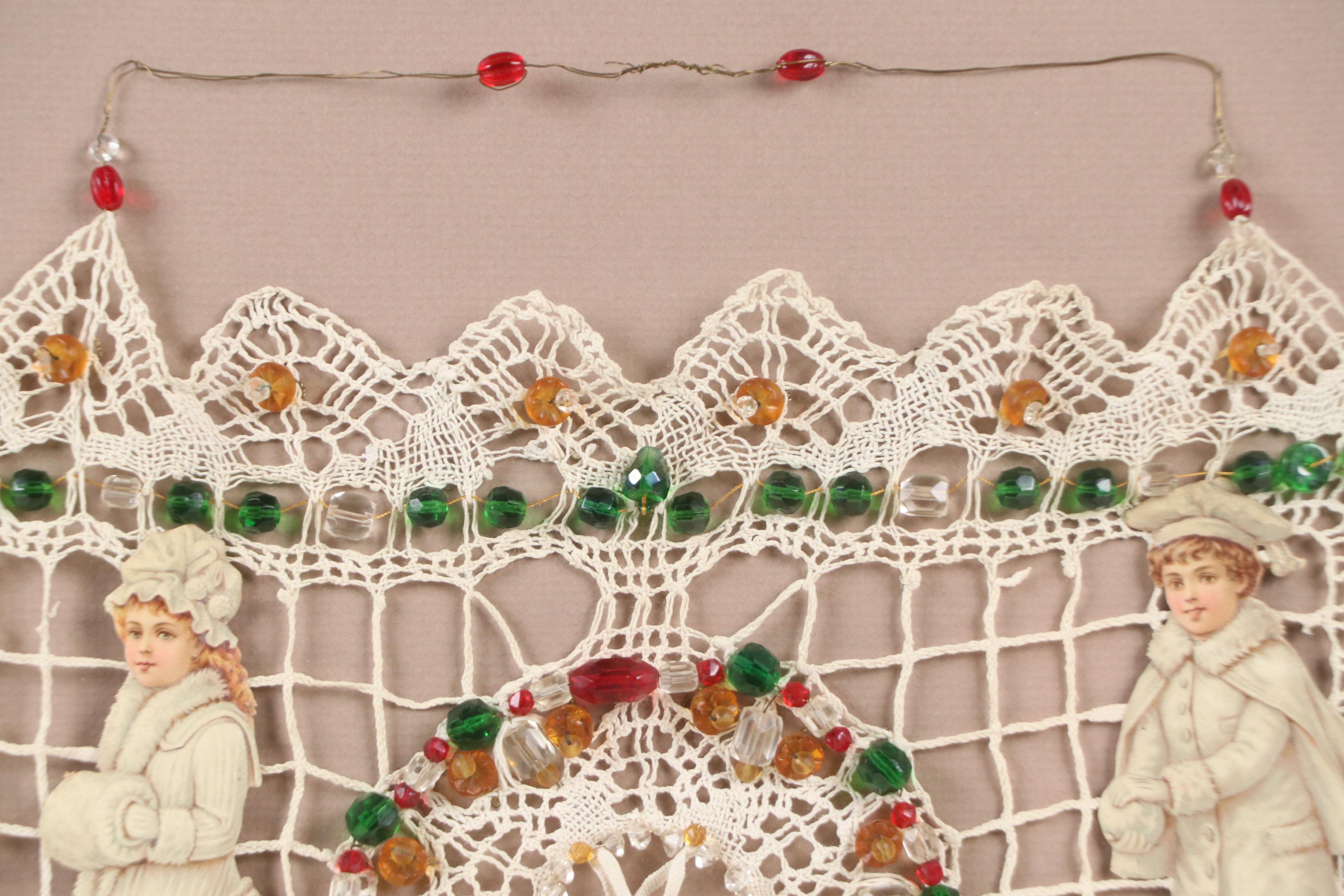 Christmas Collage with Knit Panel and Beads, Early 20th Century