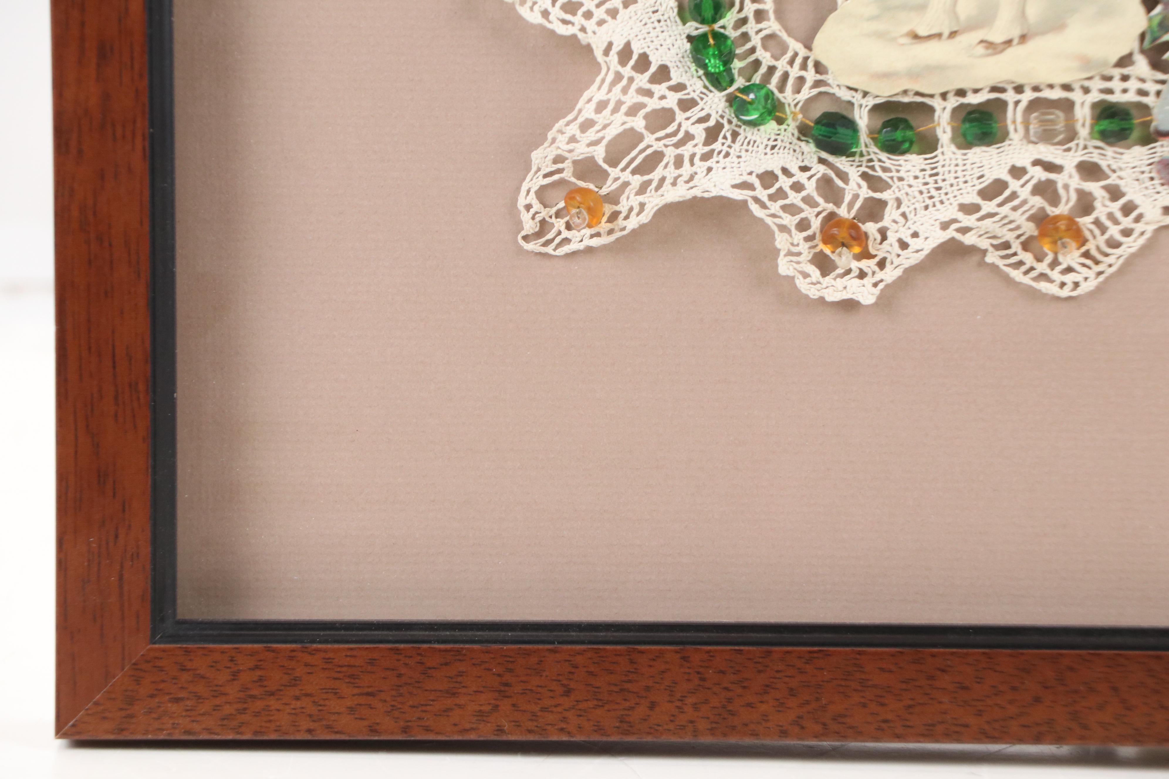 Christmas Collage with Knit Panel and Beads, Early 20th Century