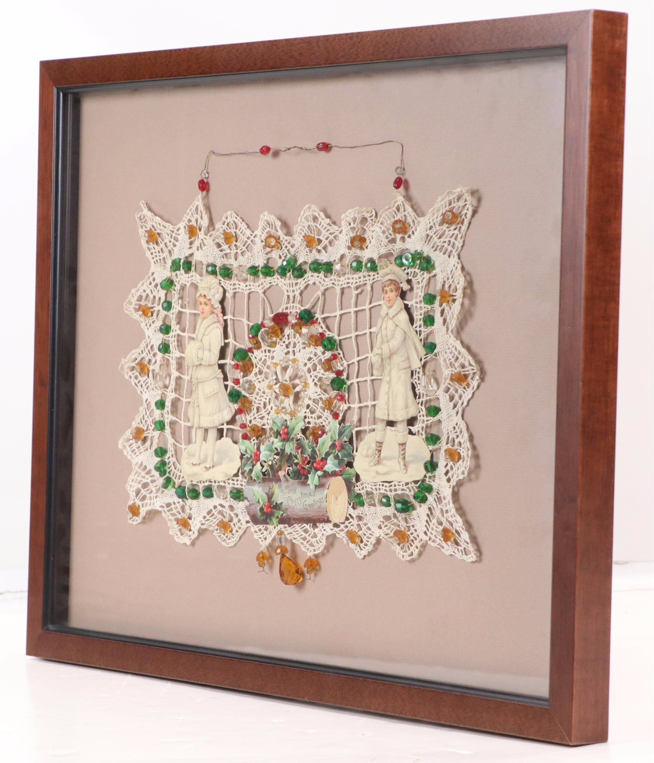 Christmas Collage with Knit Panel and Beads, Early 20th Century