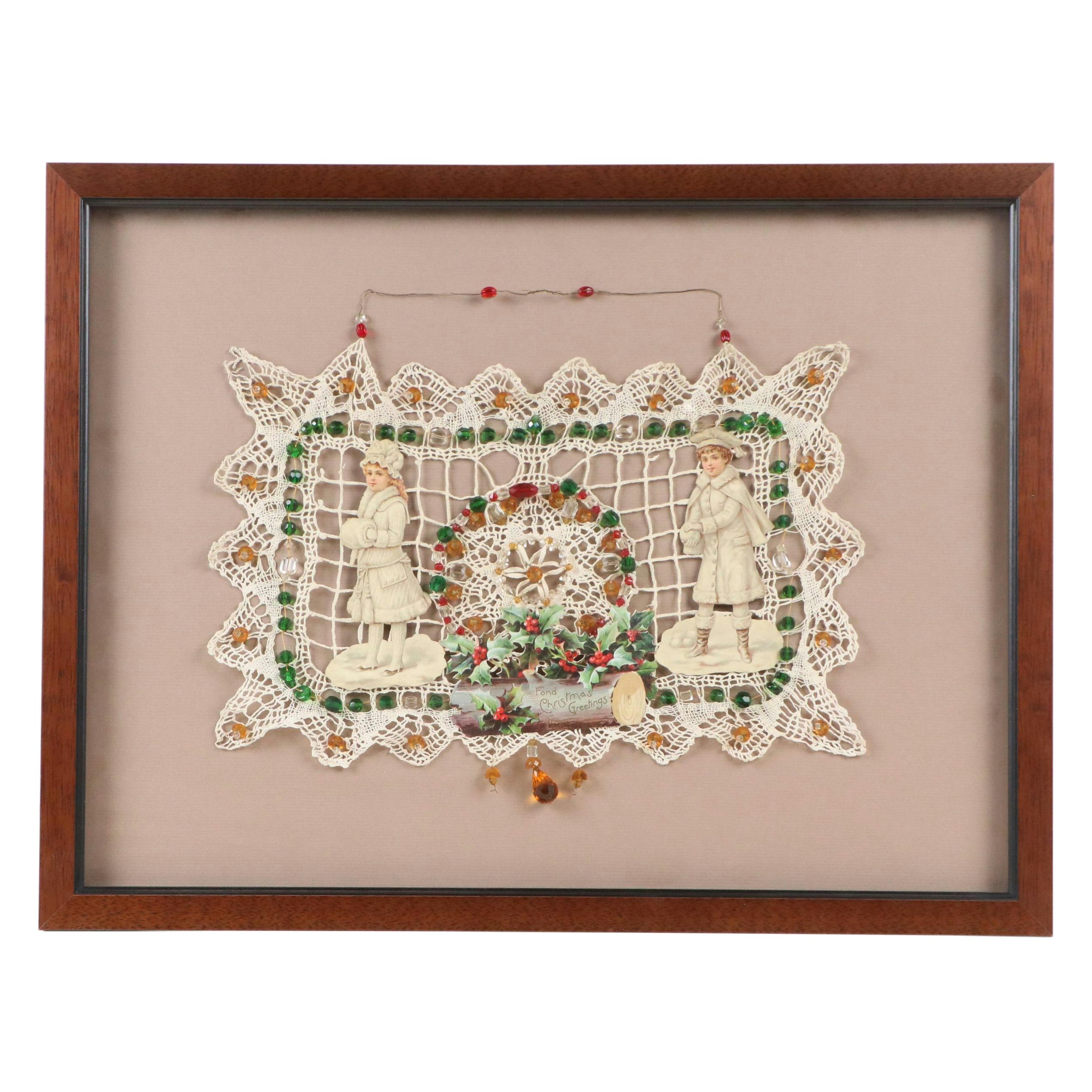 Christmas Collage with Knit Panel and Beads, Early 20th Century