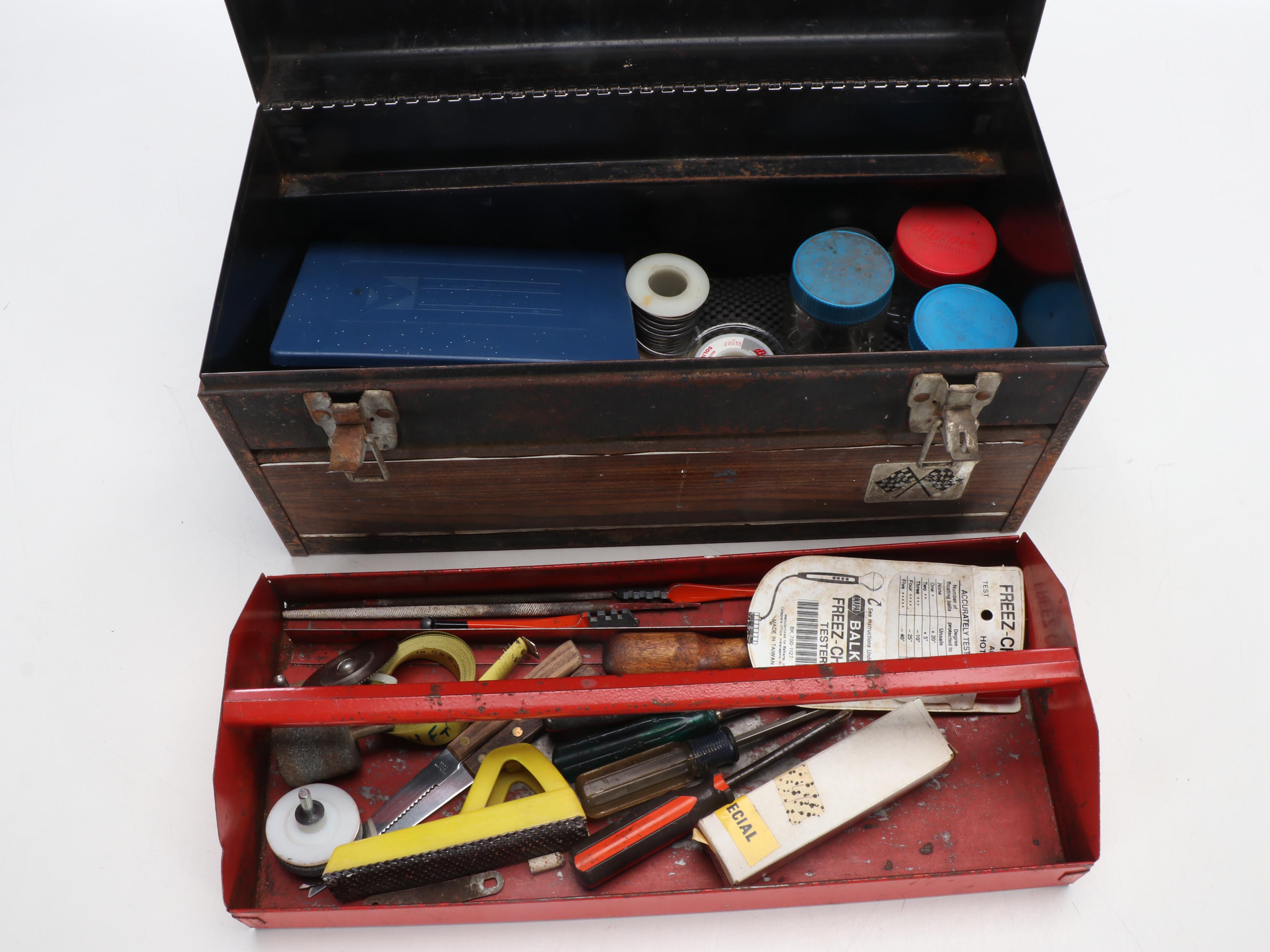 Wood Handled Hand Saws, Screw Drivers, Metal Toolbox, and More Tools