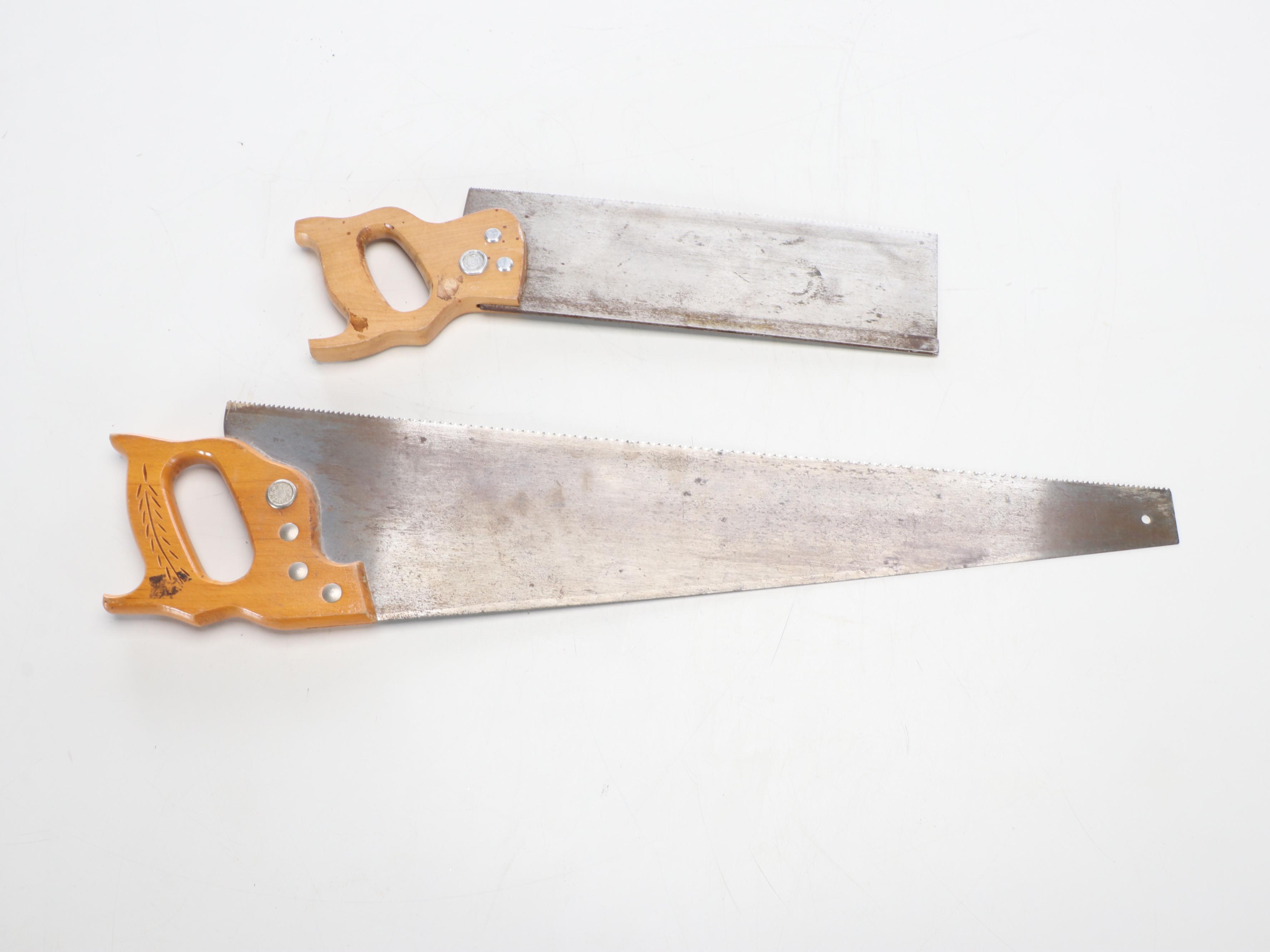 Wood Handled Hand Saws, Screw Drivers, Metal Toolbox, and More Tools