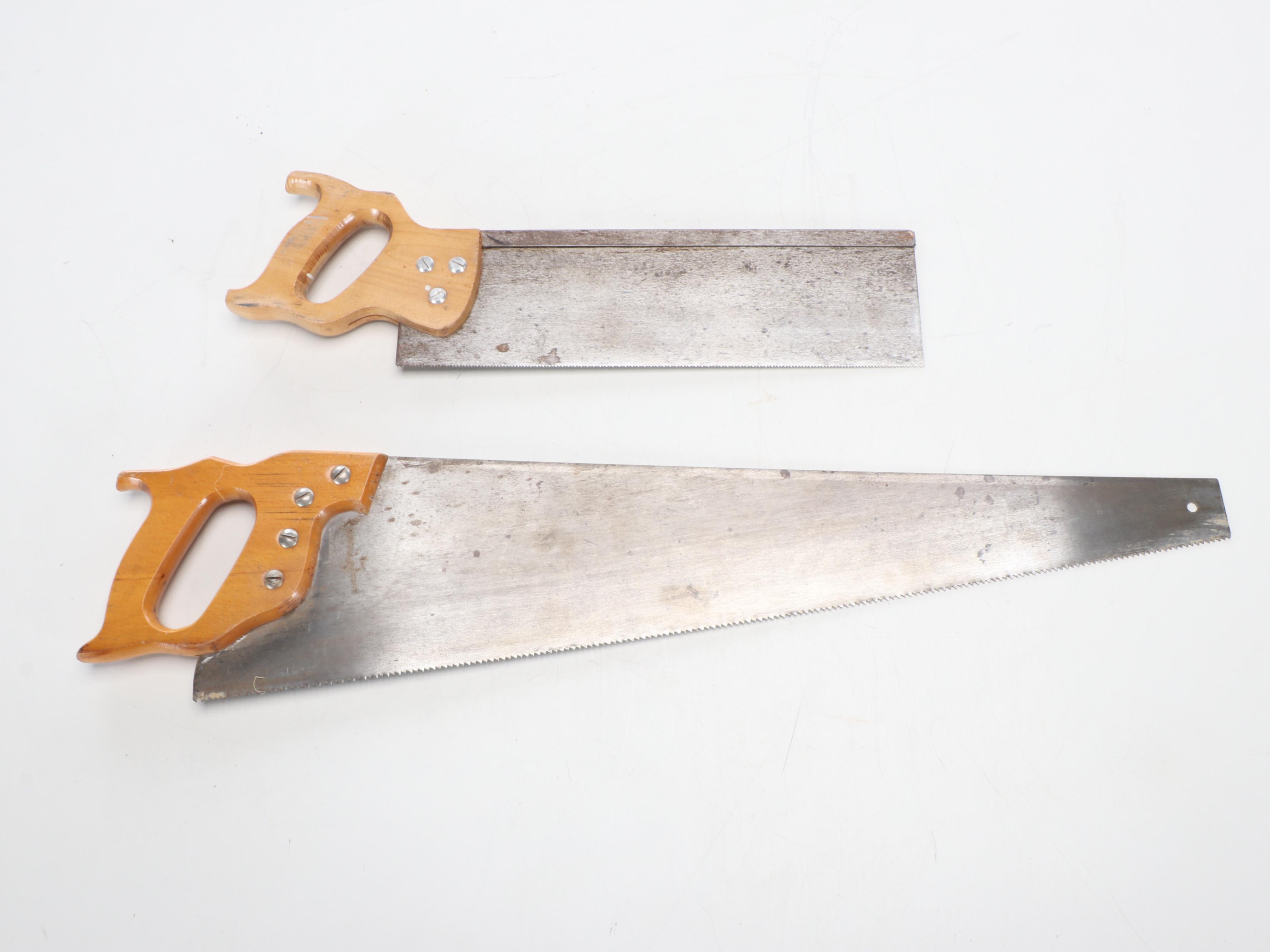 Wood Handled Hand Saws, Screw Drivers, Metal Toolbox, and More Tools