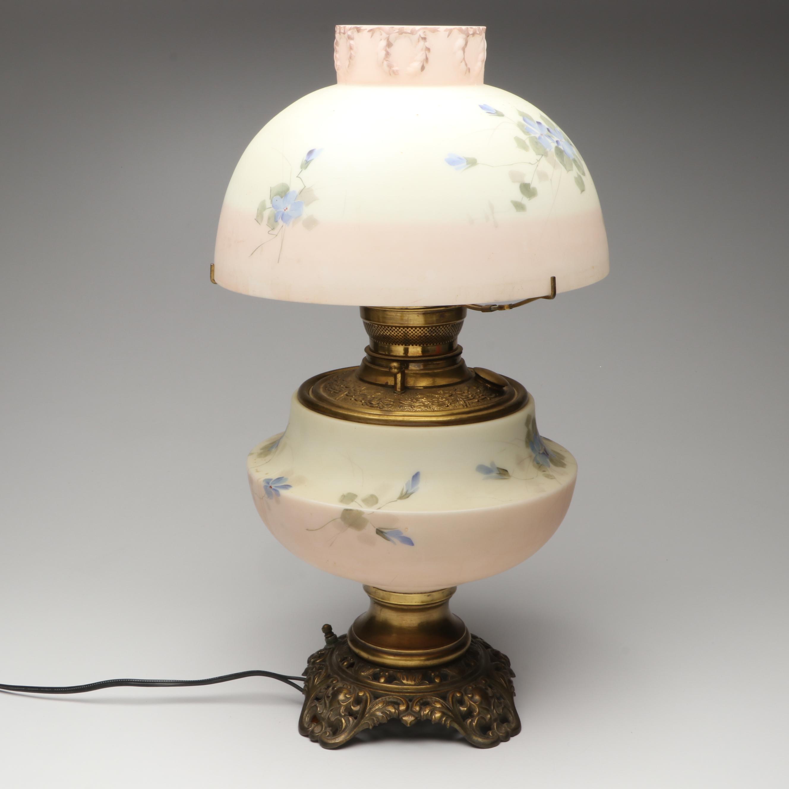 Hand-Painted Floral Glass Parlor Lamp, Early to Mid-20th Century