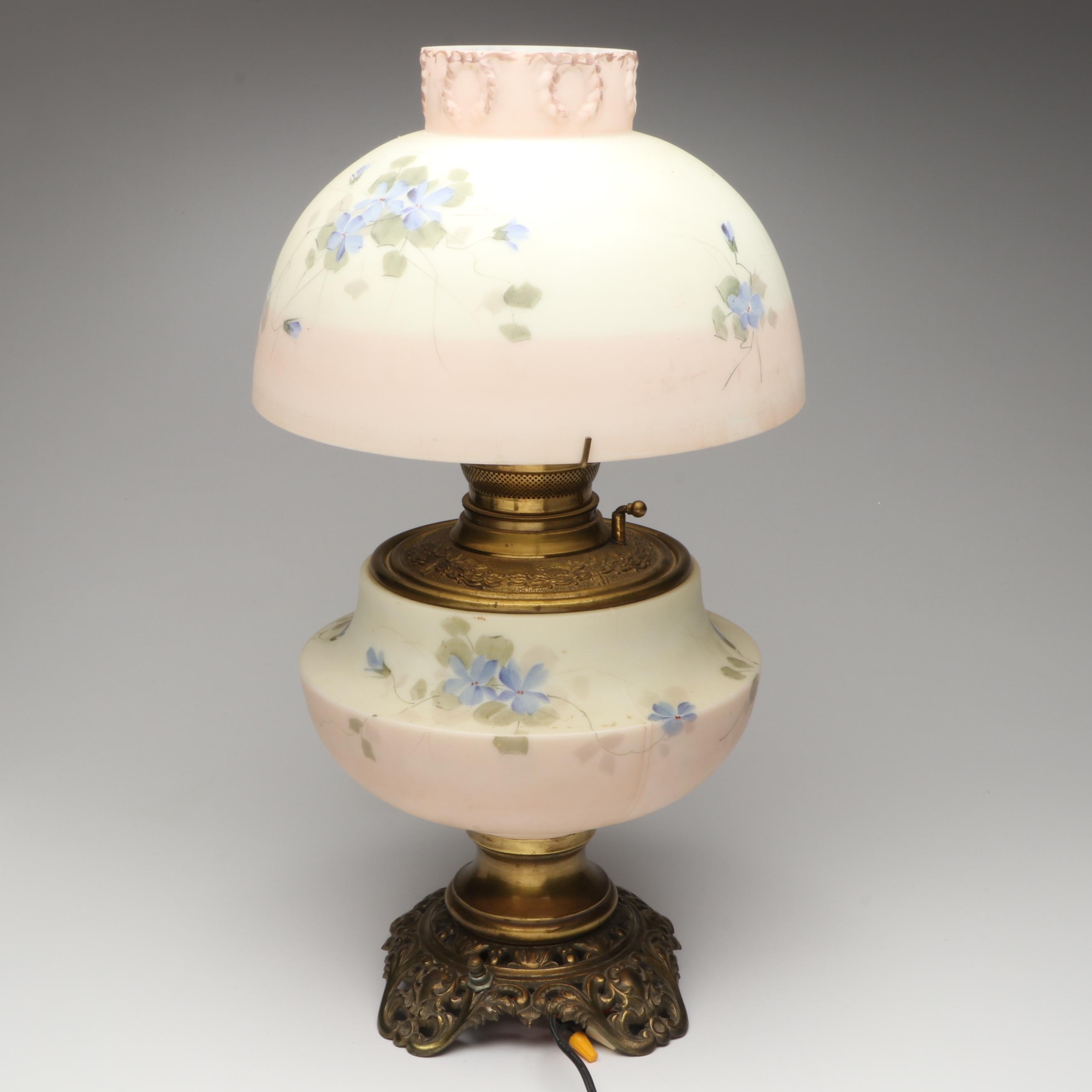 Hand-Painted Floral Glass Parlor Lamp, Early to Mid-20th Century