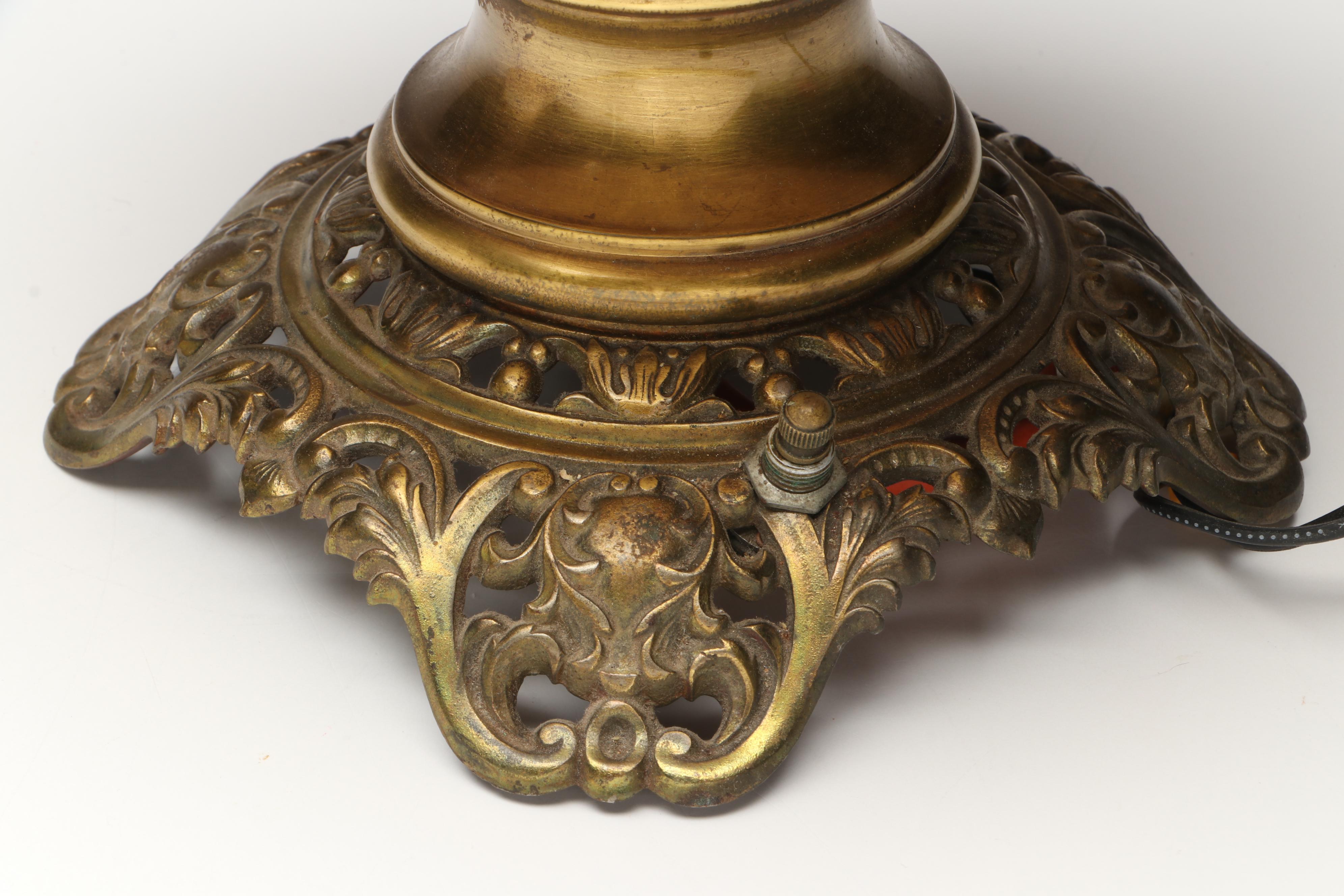 Hand-Painted Floral Glass Parlor Lamp, Early to Mid-20th Century