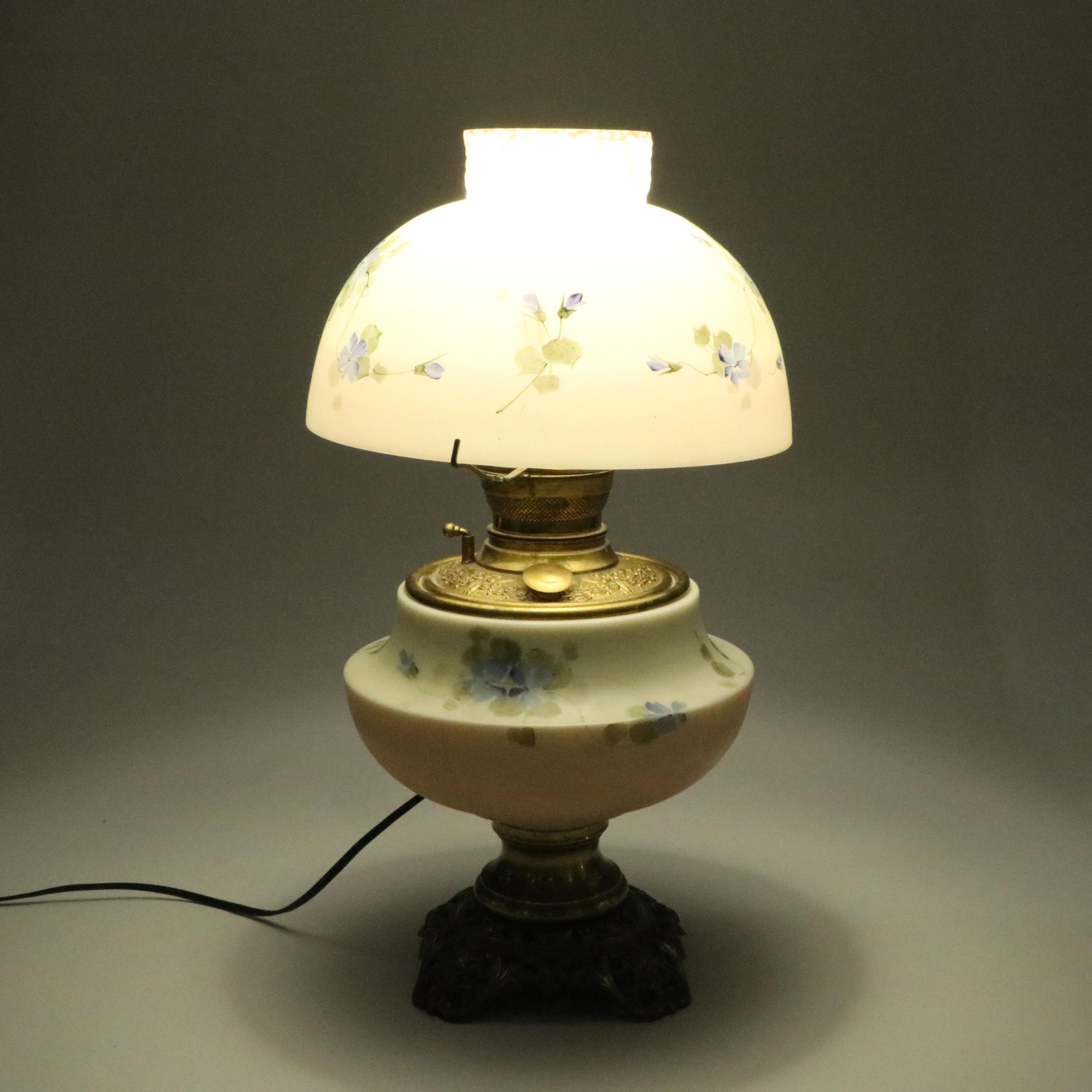 Hand-Painted Floral Glass Parlor Lamp, Early to Mid-20th Century