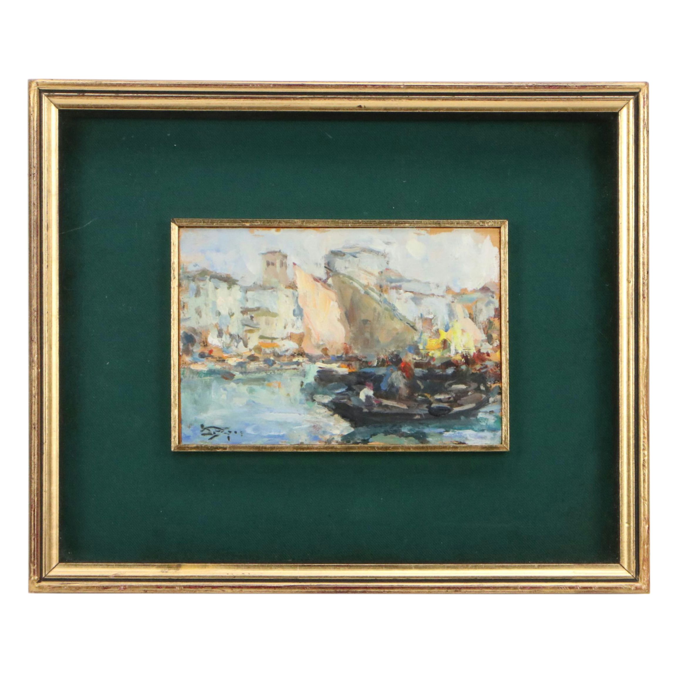 Luigi Pagan Impressionistic Oil Painting of Venetian Boat Scene, 20th Century