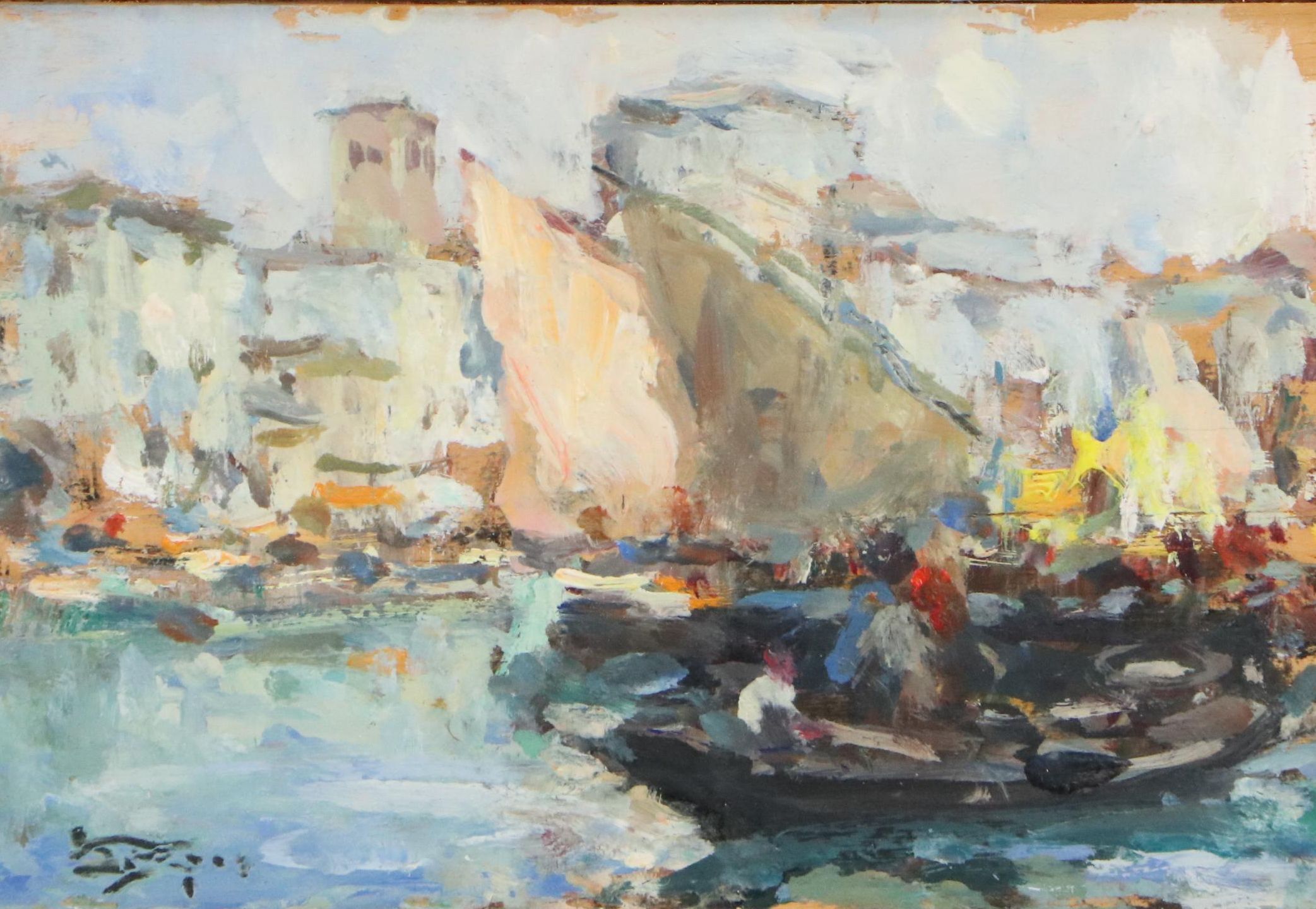 Luigi Pagan Impressionistic Oil Painting of Venetian Boat Scene, 20th Century