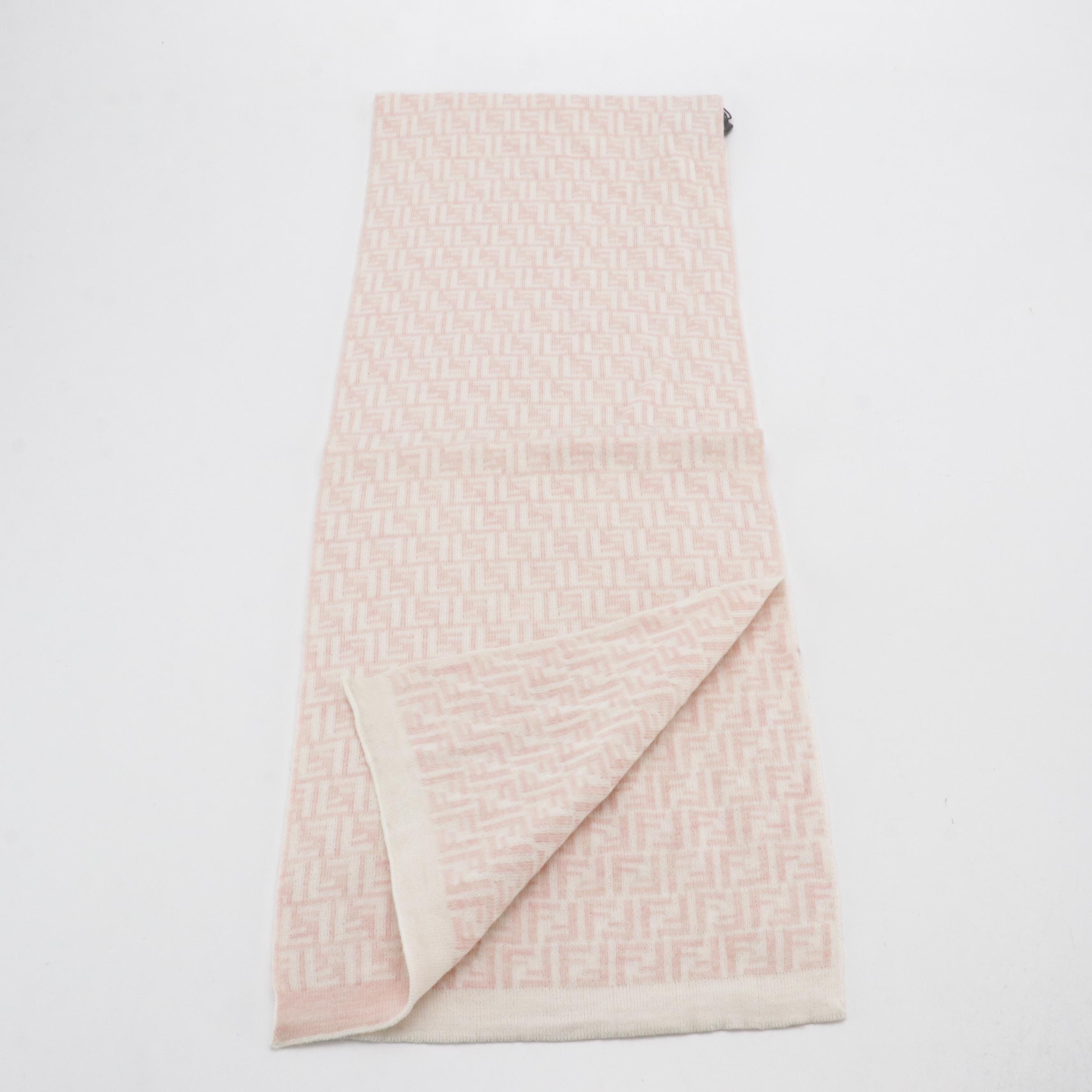 Fendi FF Logo Wool Scarf in Pink/White with Tags
