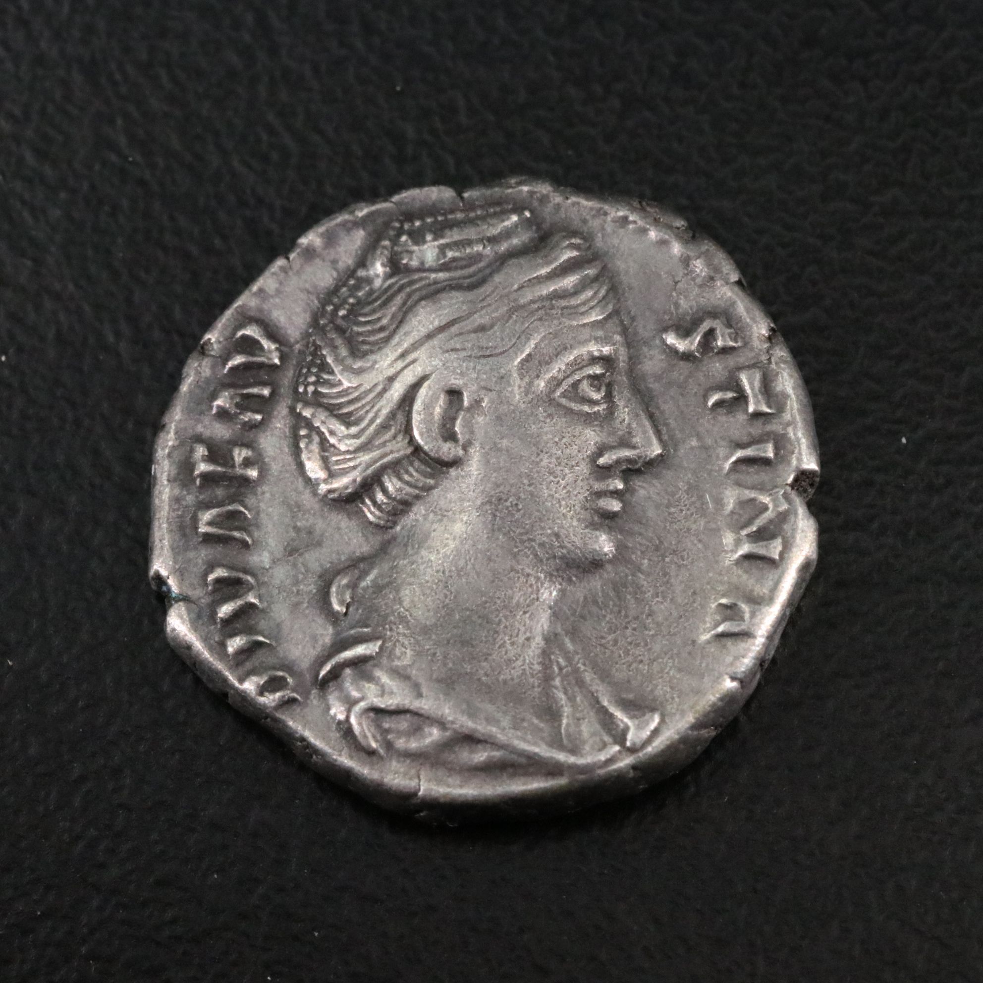 Ancient Roman Imperial AR Denarius Coin of Faustina I, ca. 141 A.D.