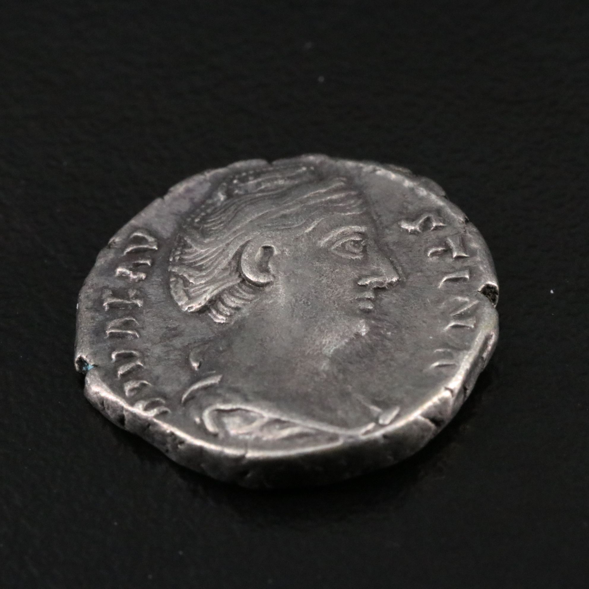 Ancient Roman Imperial AR Denarius Coin of Faustina I, ca. 141 A.D.