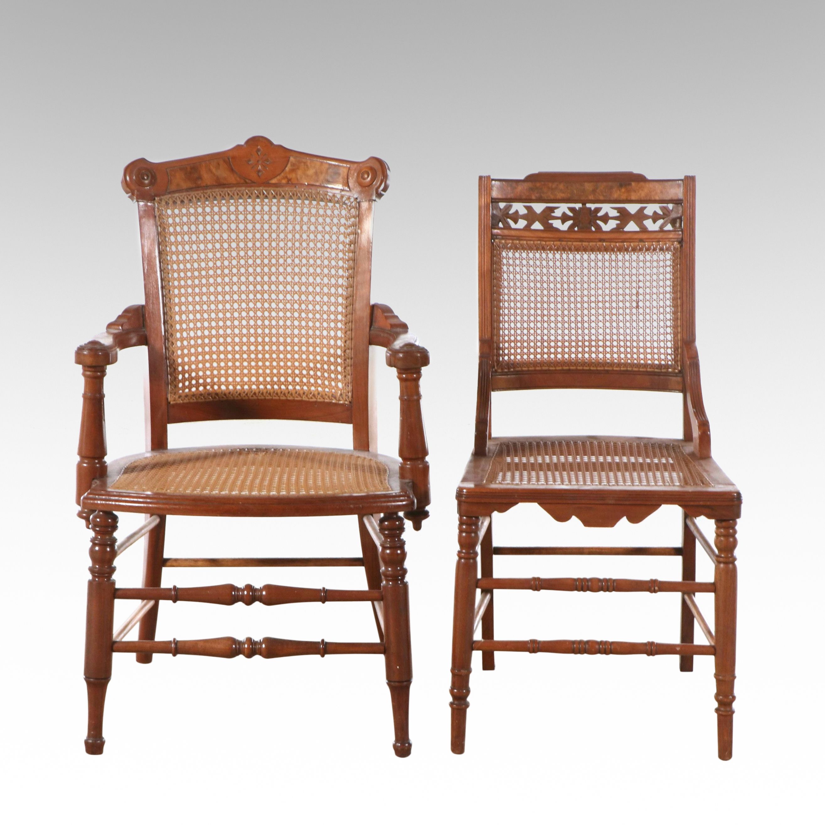 Two Late Victorian Walnut and Burl Wood Chairs with Woven Cane Seating
