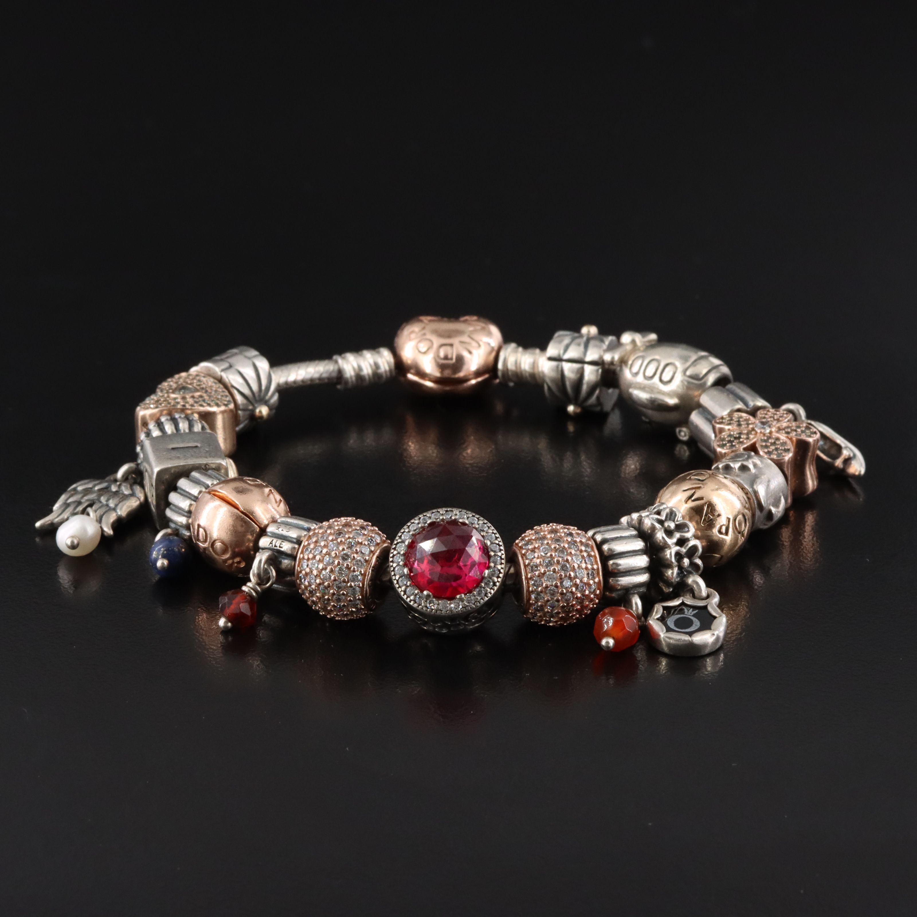 Pandora Sterling Bracelet and Beads with Rose Tone Accents