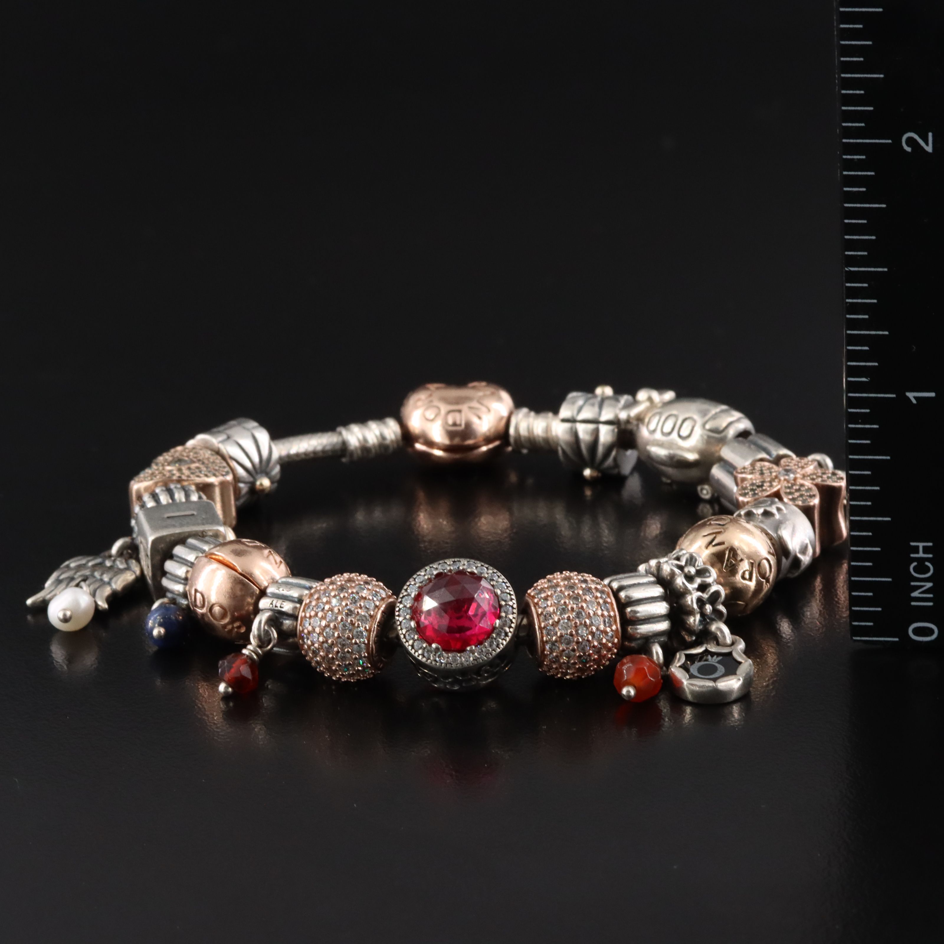 Pandora Sterling Bracelet and Beads with Rose Tone Accents