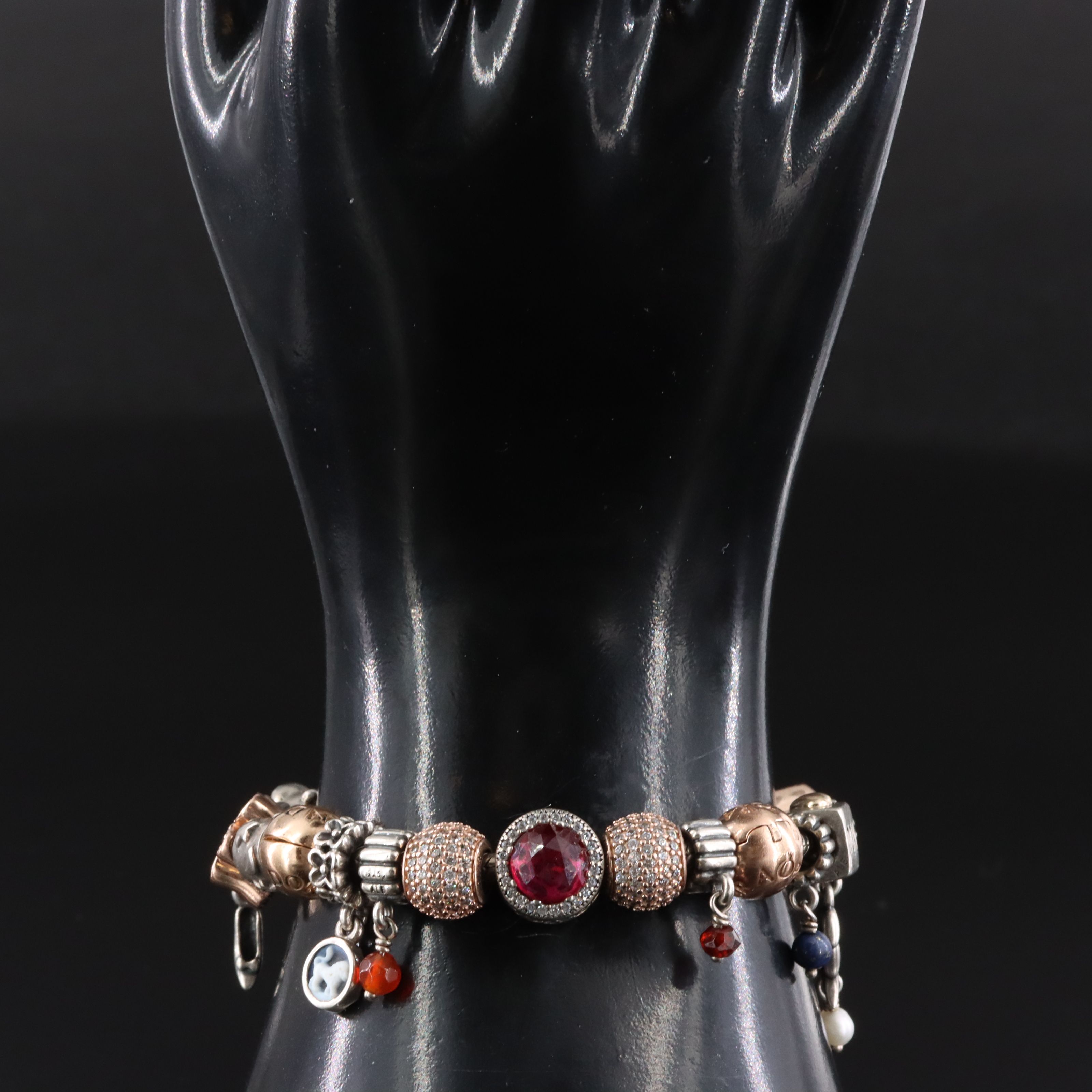 Pandora Sterling Bracelet and Beads with Rose Tone Accents