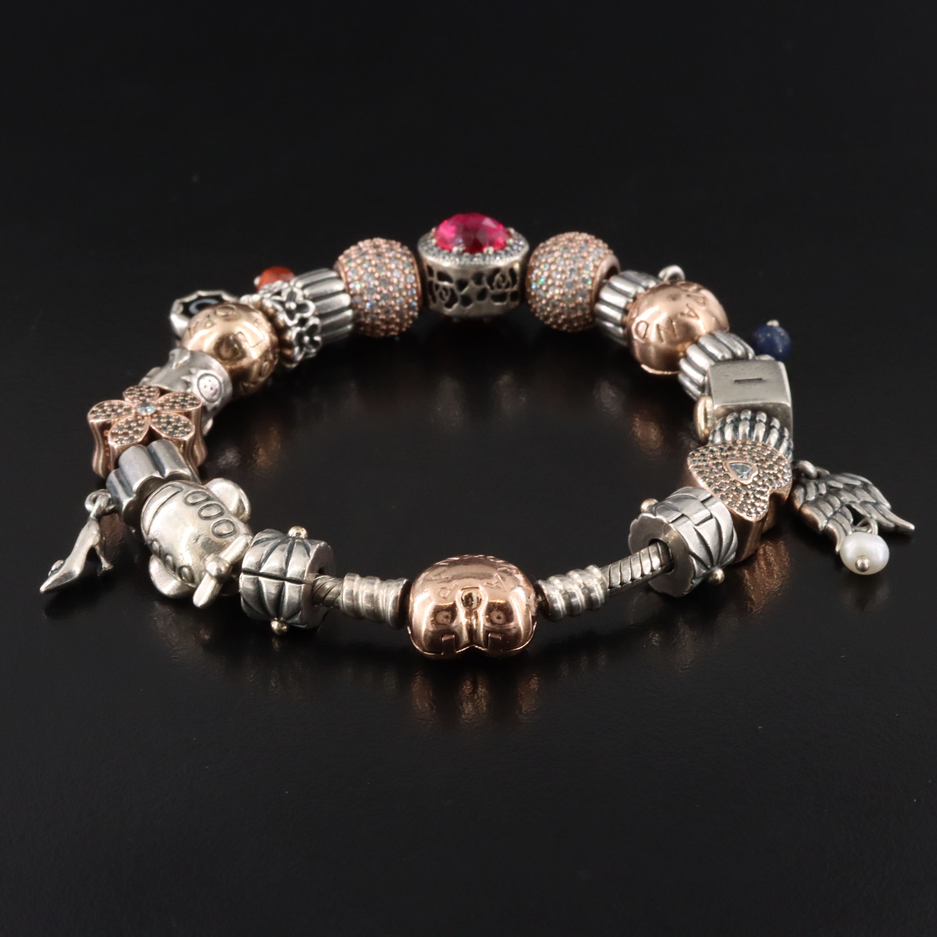 Pandora Sterling Bracelet and Beads with Rose Tone Accents