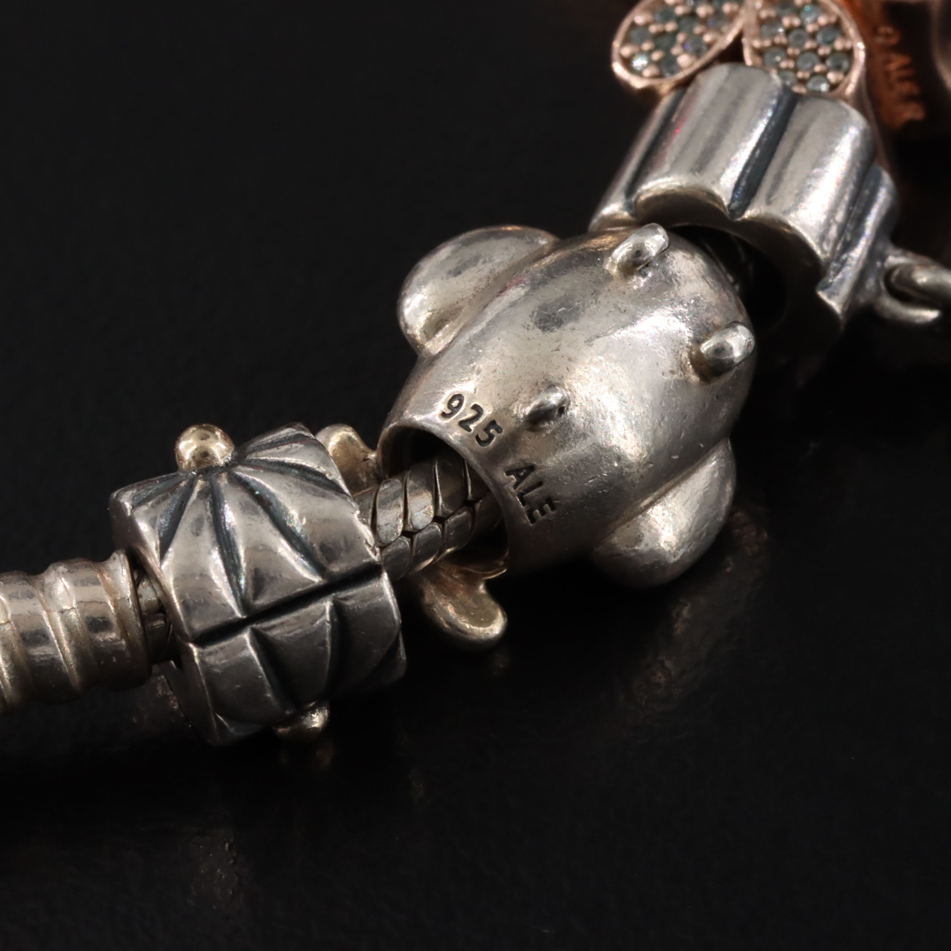 Pandora Sterling Bracelet and Beads with Rose Tone Accents