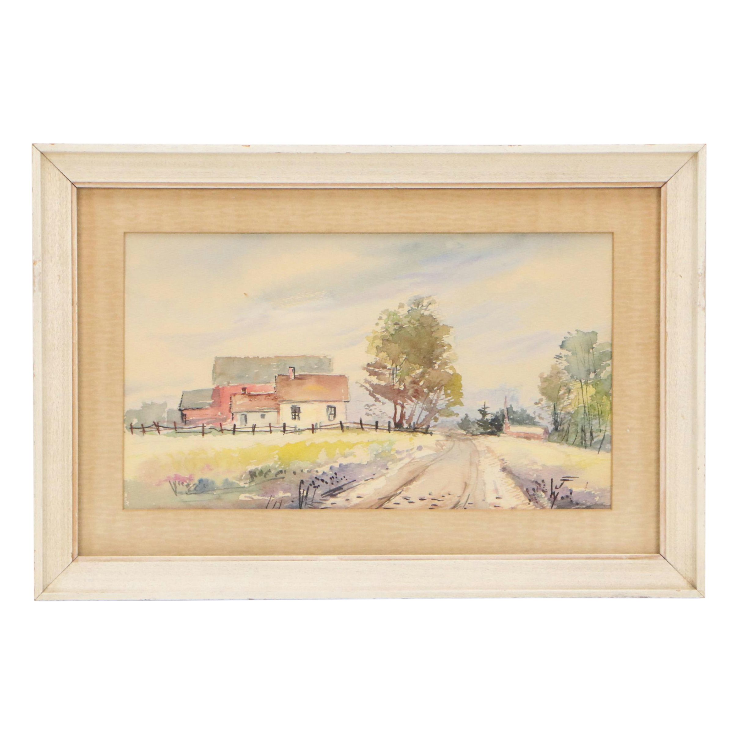 Watercolor Paintings of Pastoral Landscapes, Mid-20th Century