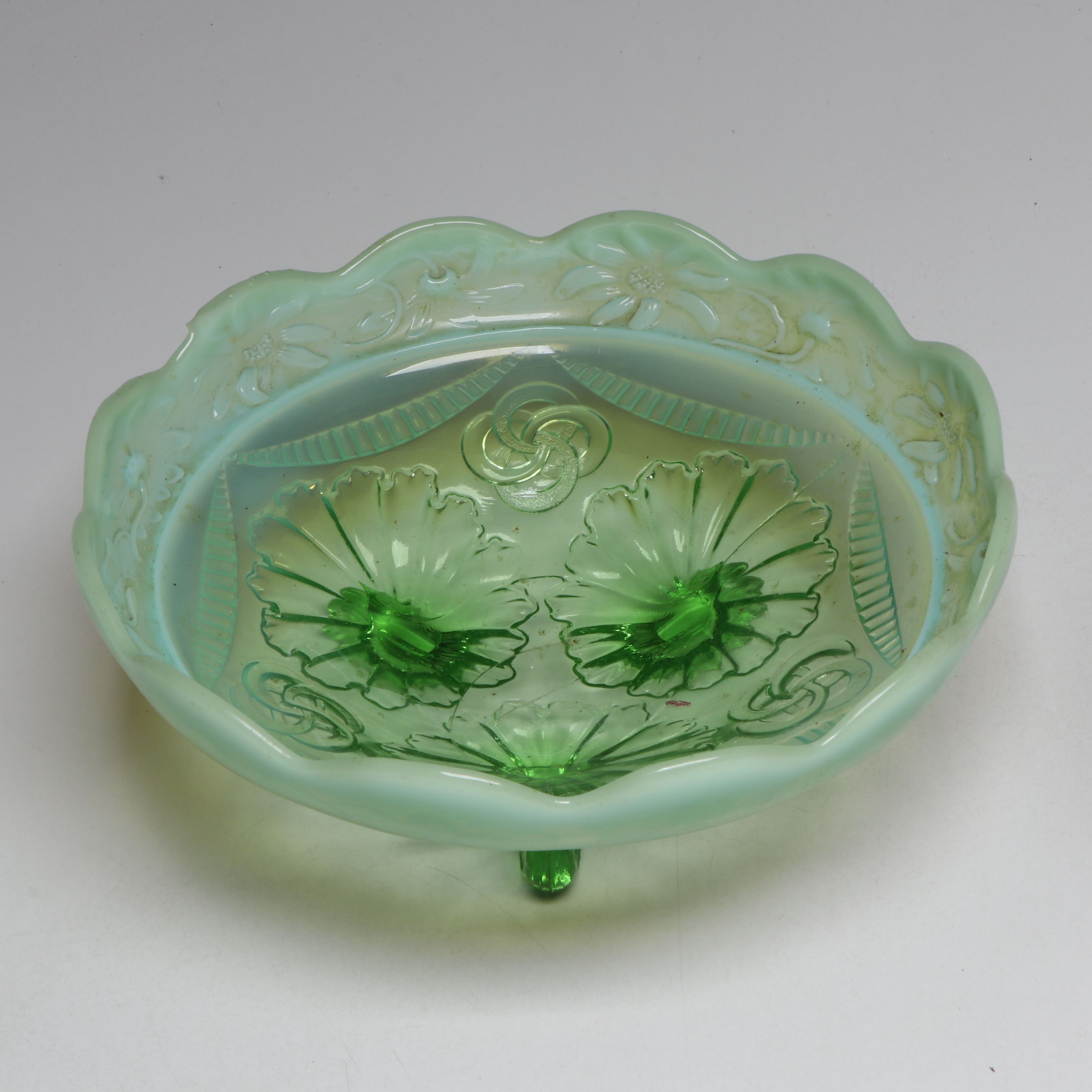 Custard Glass Bell, Rainbow Crackle Blue Vase and Other Colored Glass Tableware