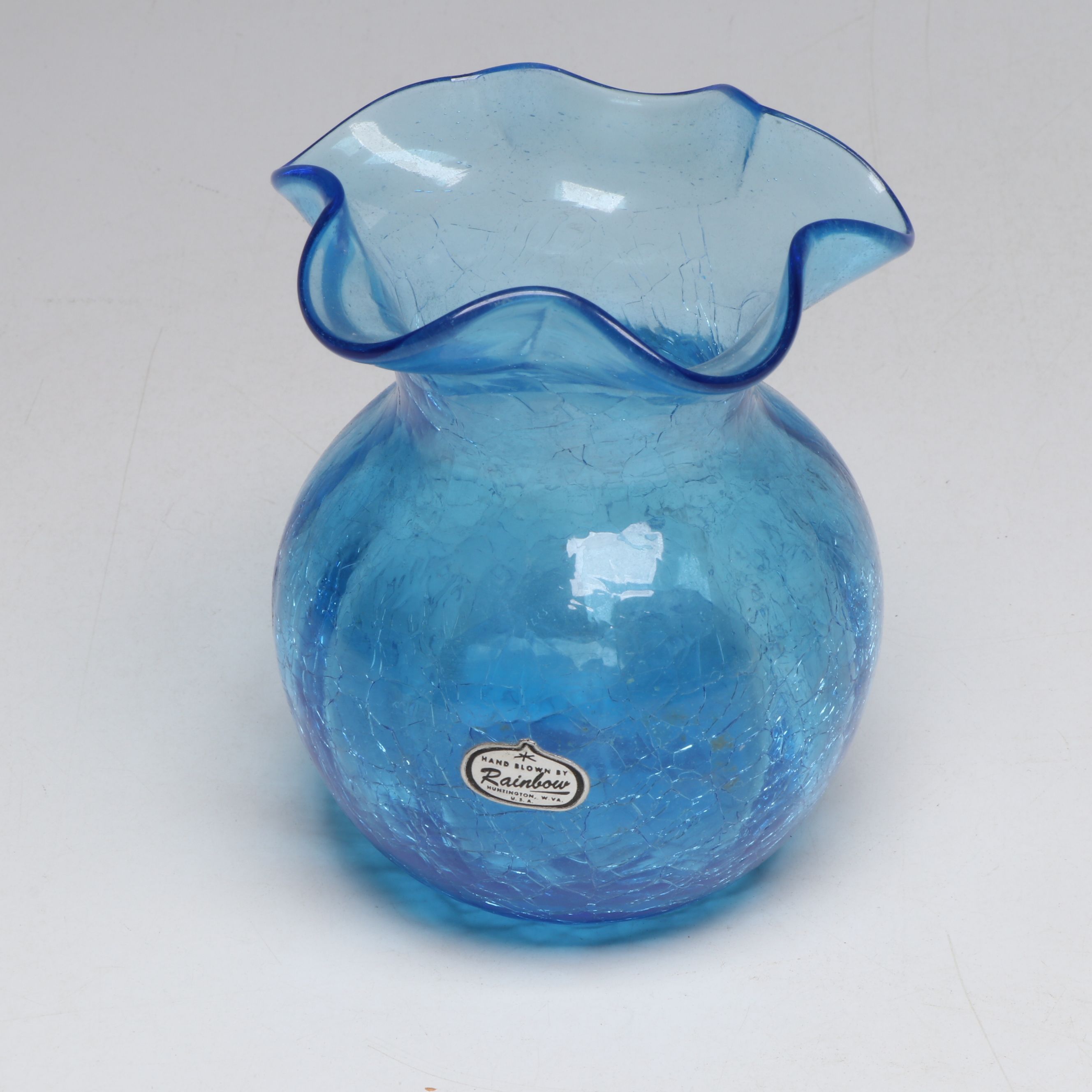 Custard Glass Bell, Rainbow Crackle Blue Vase and Other Colored Glass Tableware