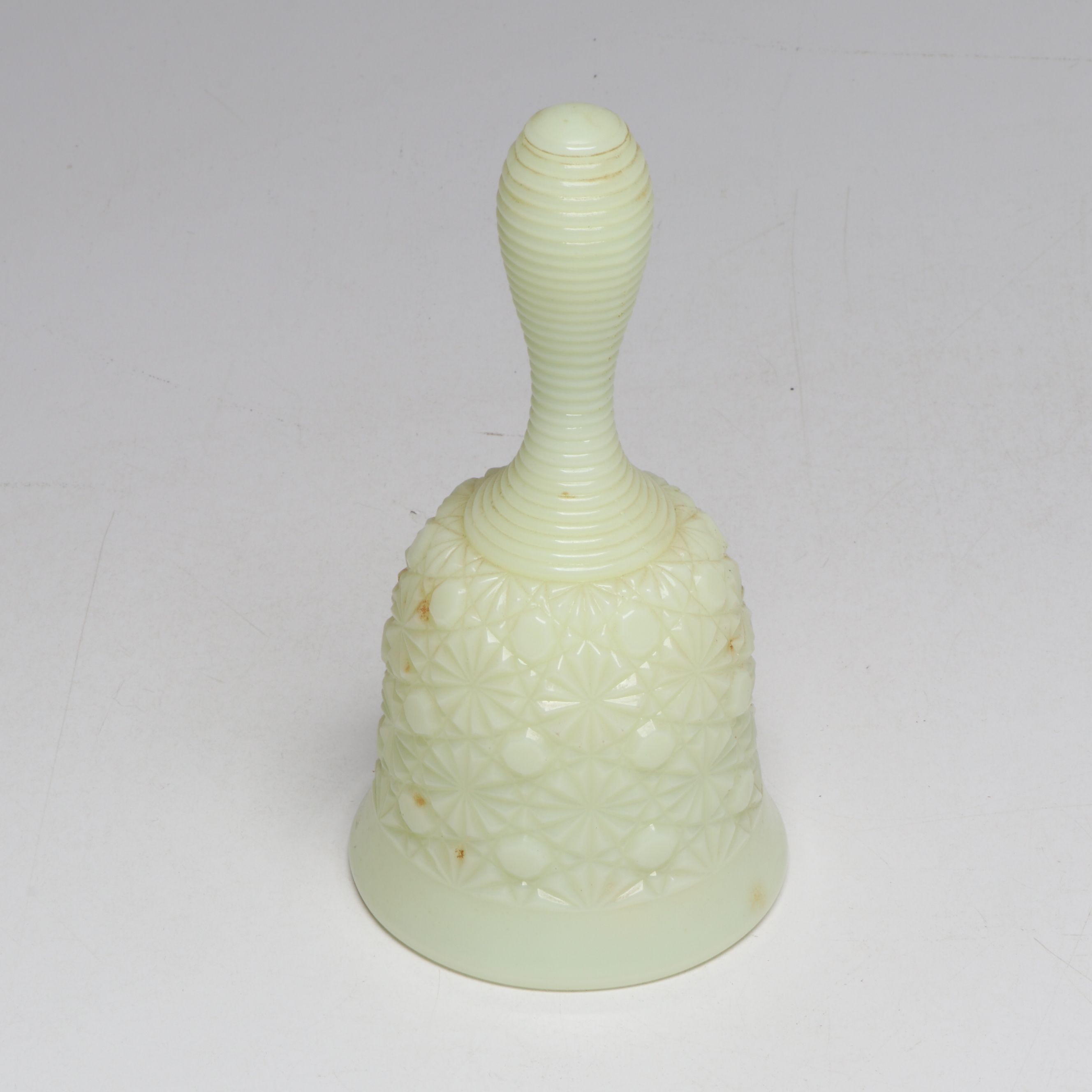 Custard Glass Bell, Rainbow Crackle Blue Vase and Other Colored Glass Tableware