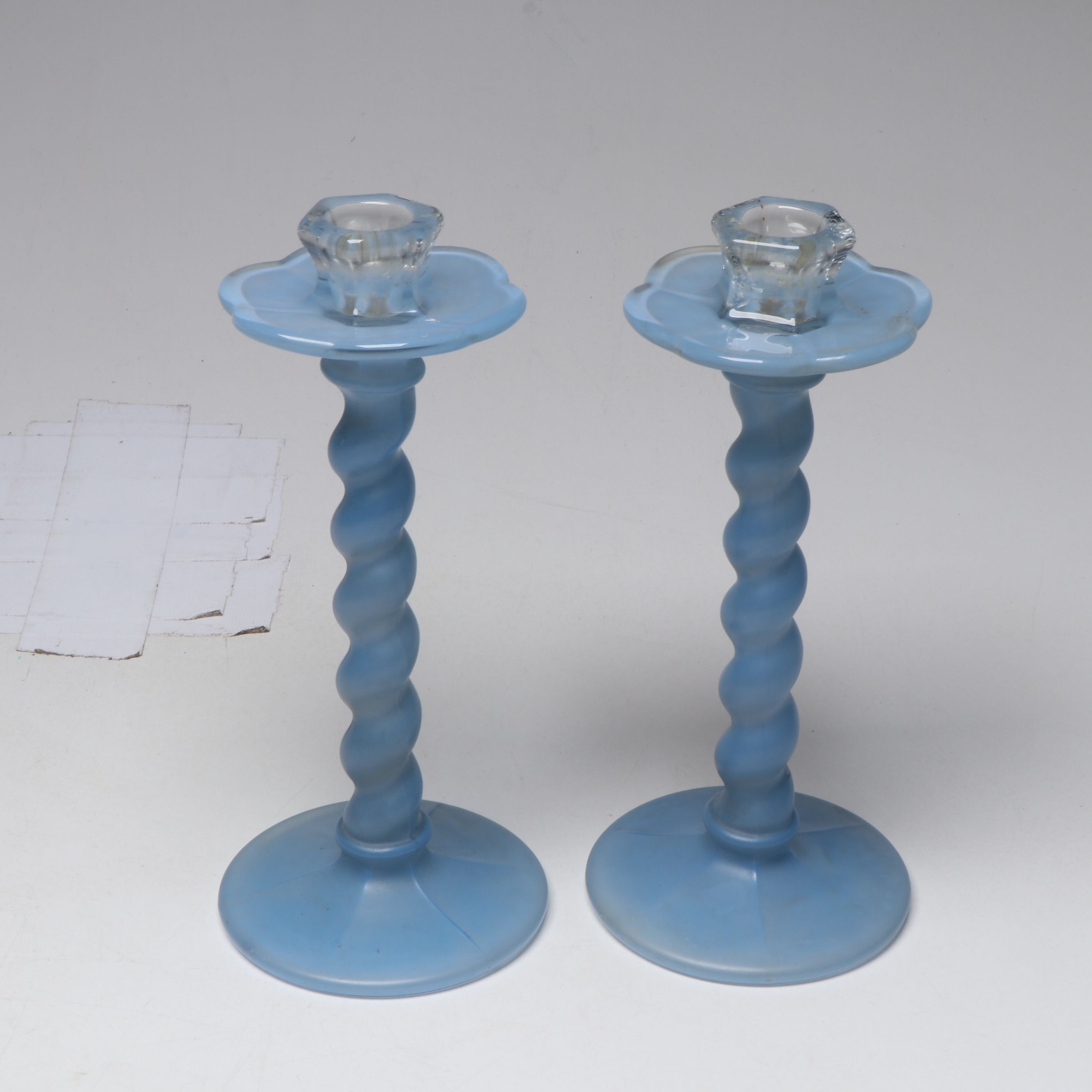 Custard Glass Bell, Rainbow Crackle Blue Vase and Other Colored Glass Tableware