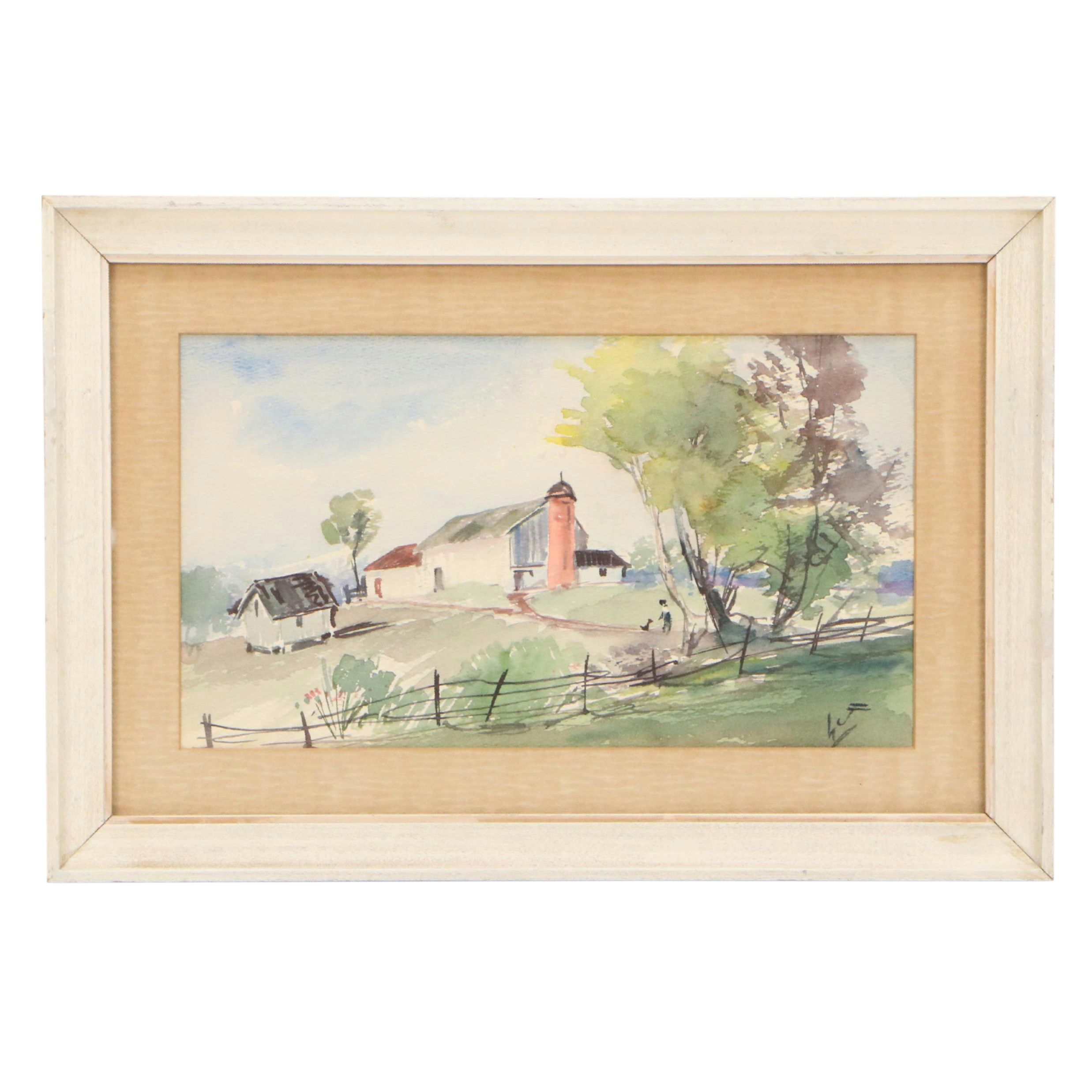 Watercolor Paintings of Pastoral Landscapes, Mid-20th Century